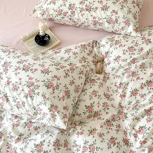 Miniatura 7 de VM VOUGEMARKET Juego de ropa de cama con diseño de flor de durazno, tamaño King, elegante, floral, rosa, con cierre de cremallera, 100% algodón,