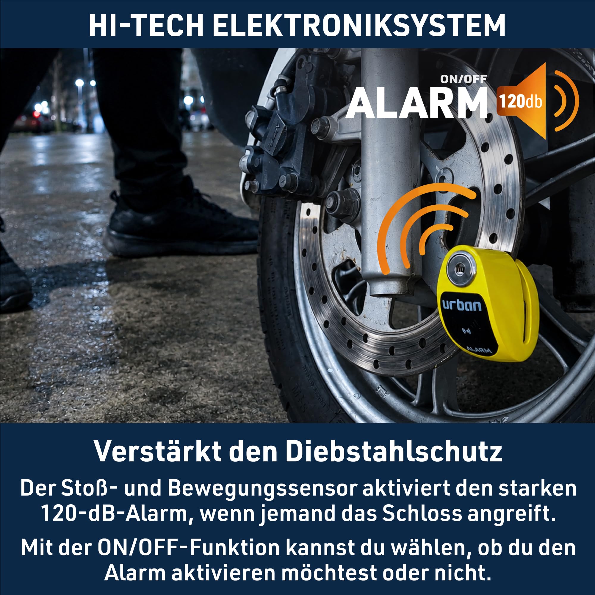 URBAN UR906Y Bremsscheibenschloss Motorrad mit 120dB Alarm X2 ON, Wasserdicht Austauschbares Modul, CR2 Batterie, Erinnerungskabel, 6mm Universelles Motorrad Schloos für Roller E-Bikes E-Scooter