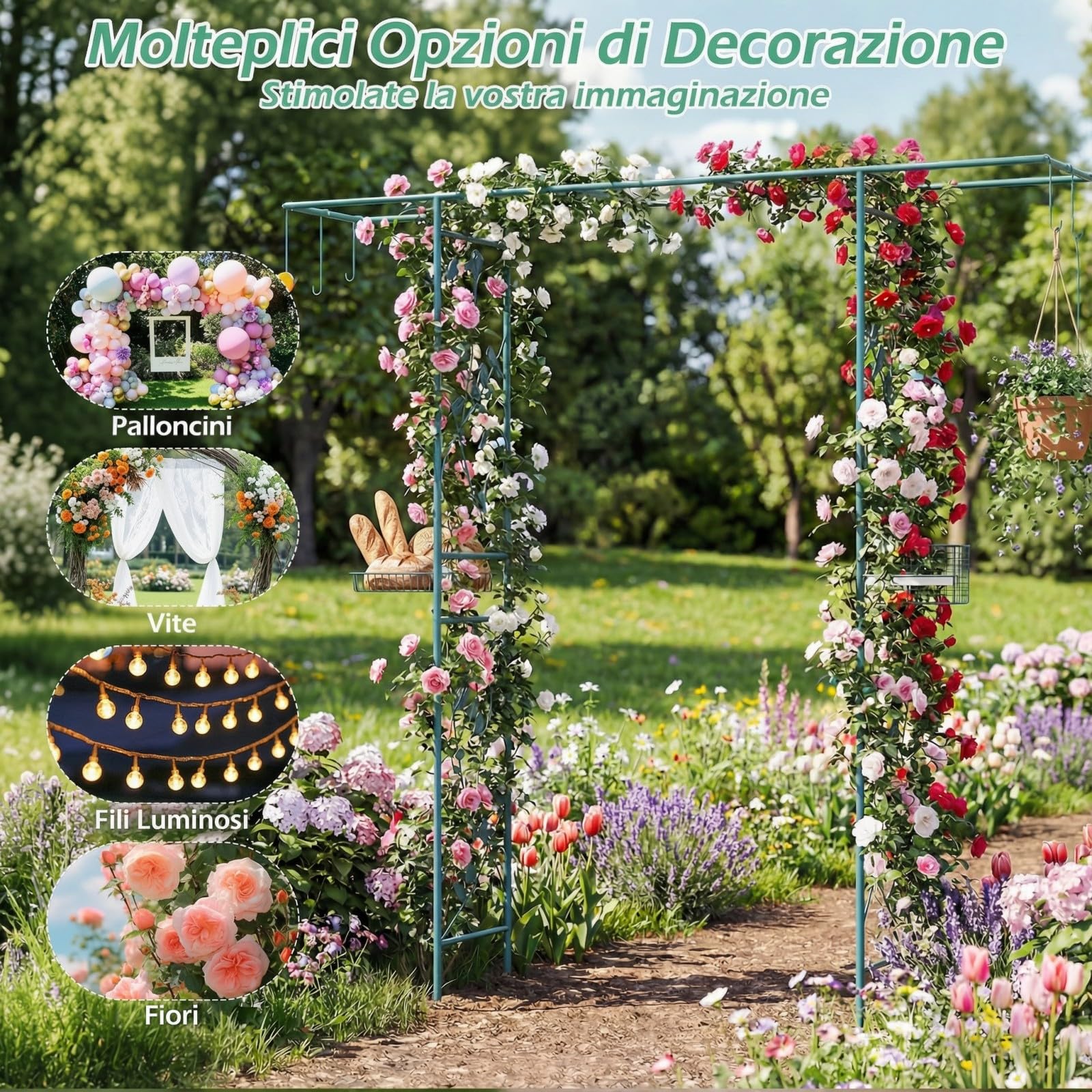 COSTWAY Pergolato a Arco da Giardino, Pergola da Esterno Decorativa in Metallo per Piante Rampicanti, Arco da Esterno per Feste, Matrimonio (Verde, Modello 1)