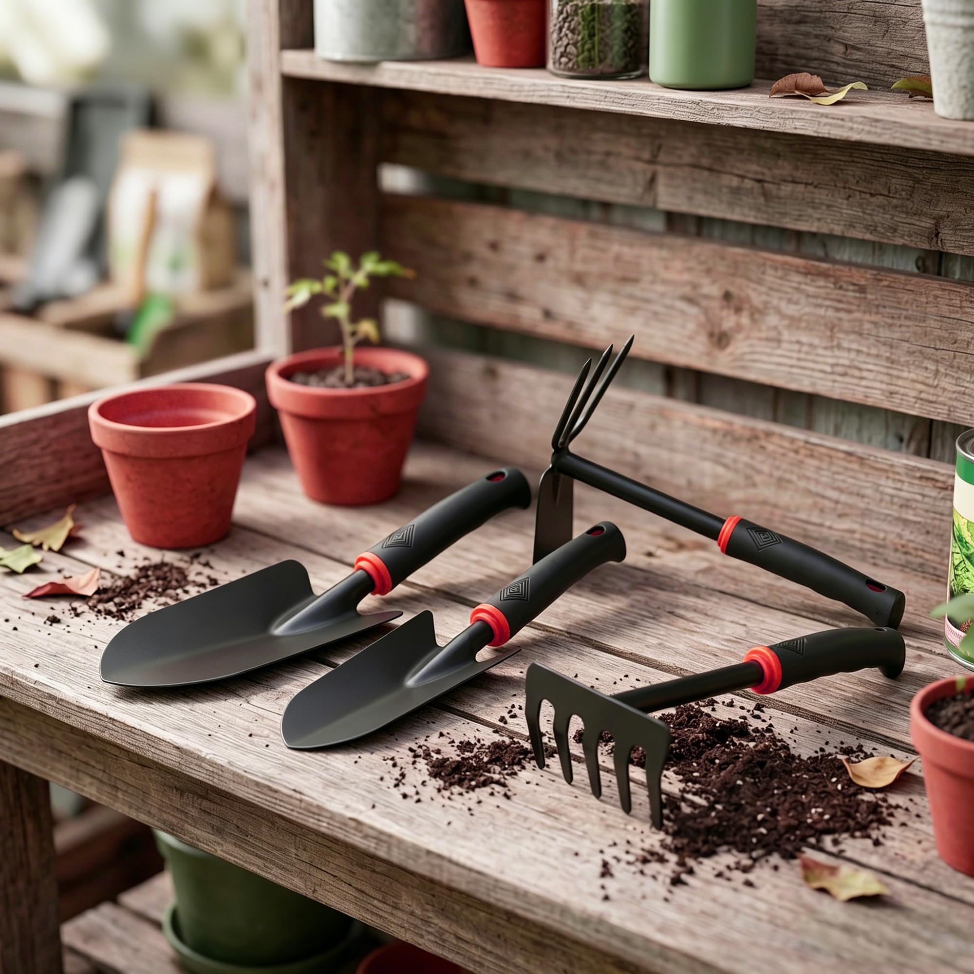 4-teilig Gartenwerkzeug Set, Schwarz Gartenschaufel Klein 2-in-1 Hacke 5-Zinken Rechen Gartengeräte, Gartenarbeit Set Zubehör für Gartenarbeit Strandausflüge als Geschenke