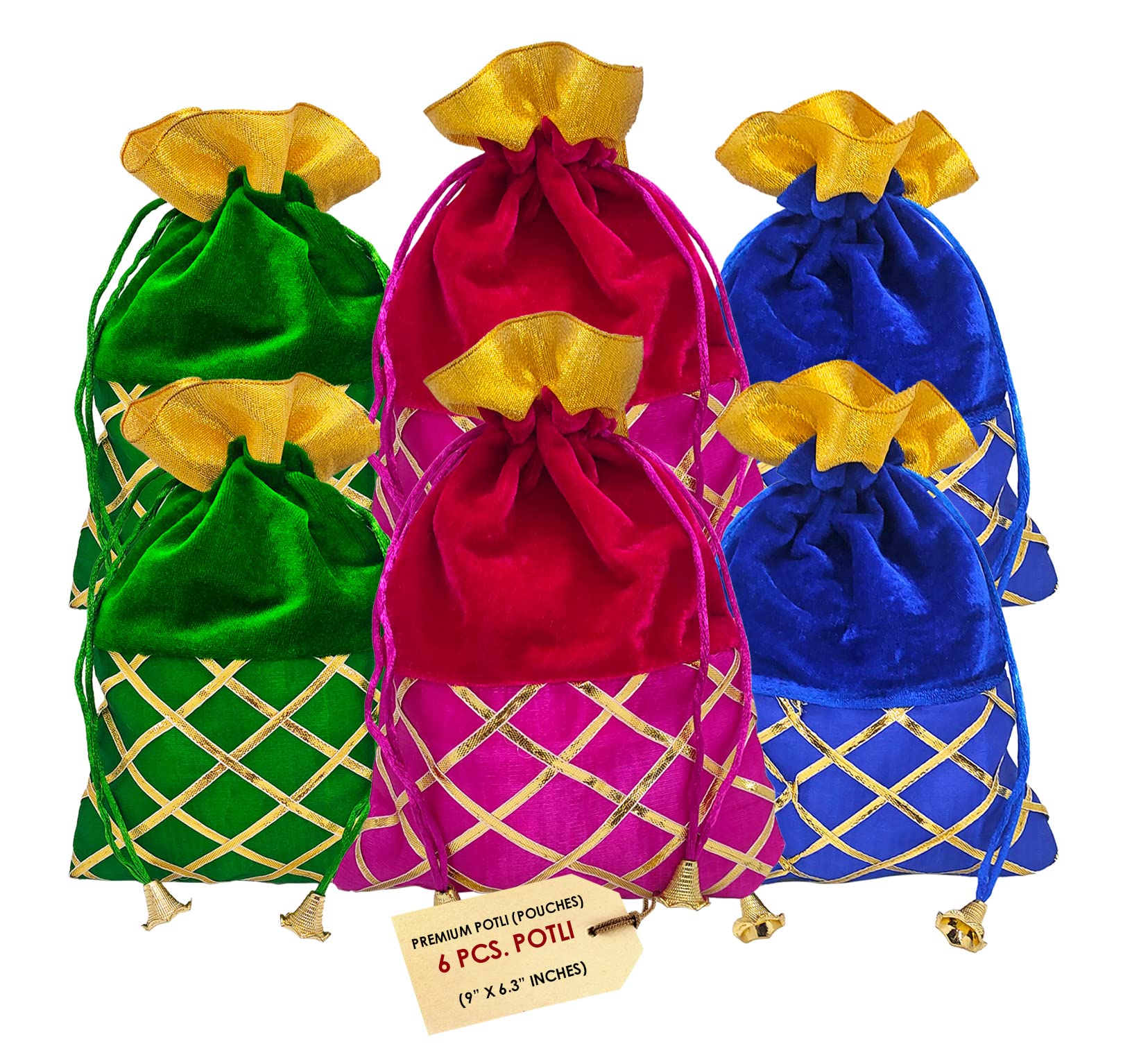 Genieland 6 Pc (9x6.3) Big Designer Gota Patti Potli Organza Pouch Favour Bags Dry Fruit Large Holiday reusable Christmas Gift Bag Diwali Fabric multicolor Indian Housewarming Return Gift Items Bulk