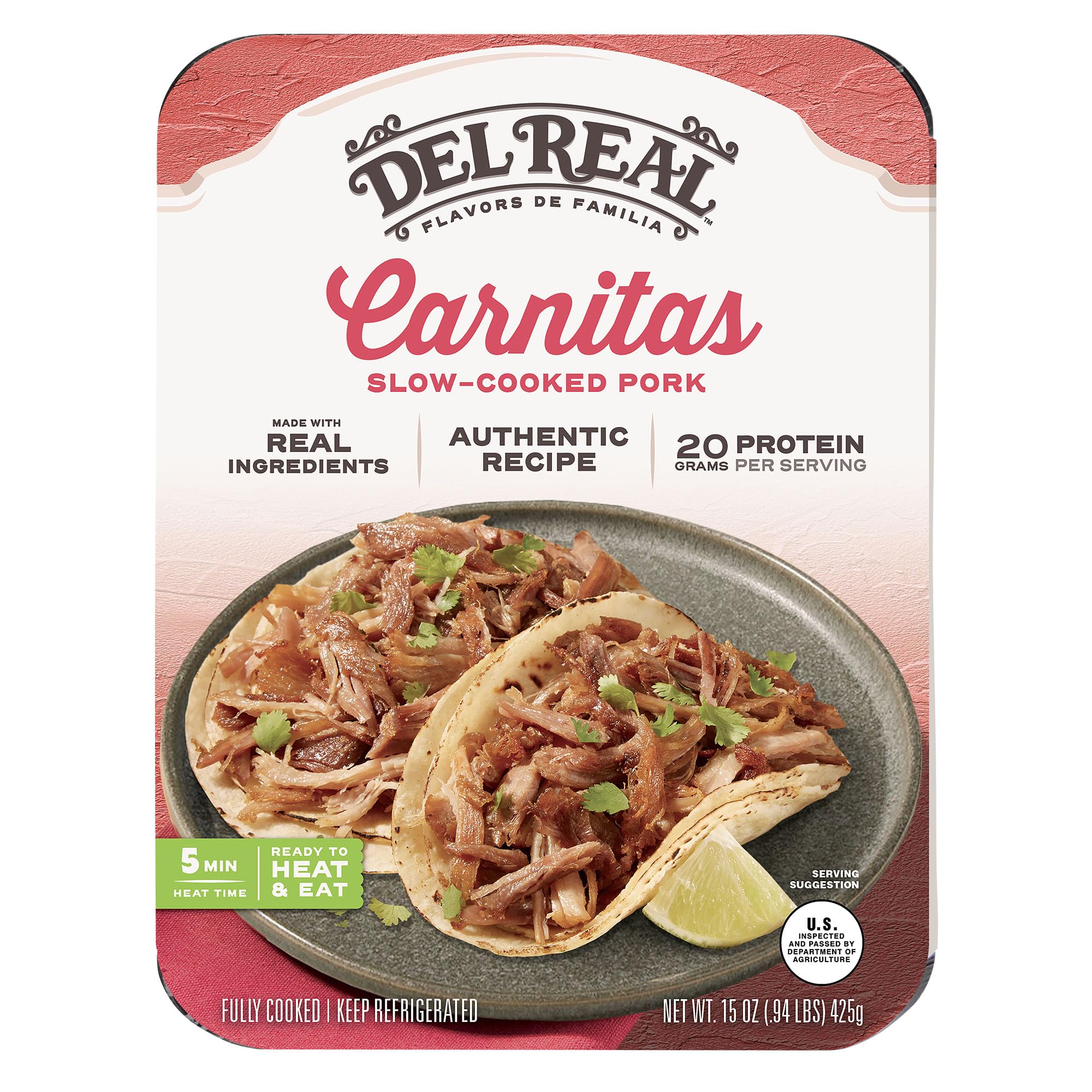 Del Real Foods Carnitas Shredded Pork Entrée, 15 oz
