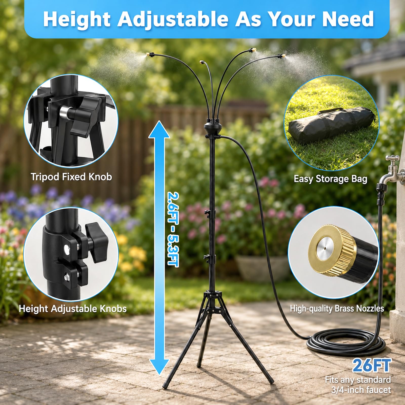 Brumisateur d'eau d'extérieur avec pied, nébuliseur portable pour refroidissement en plein air, avec tuyau de brumisation de 7,9 m et hauteur de 1,62 m, pour jardin, piscine, barbecue, irrigation et