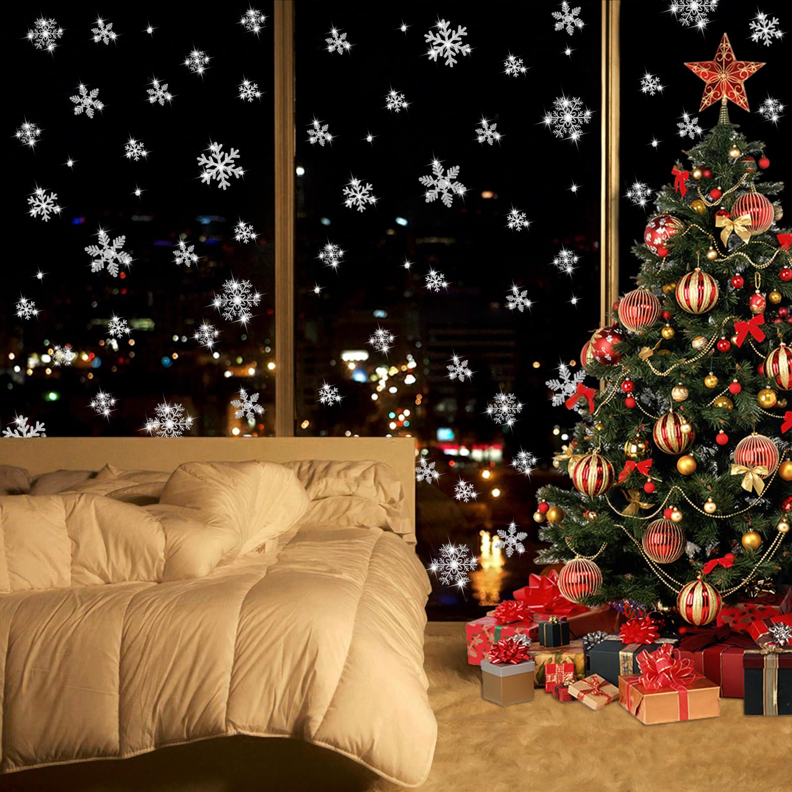 LUDILO 240 Stück Weihnachts-Fensteraufkleber, glitzernde Schneeflocken, Fensteraufkleber, statische Fensteraufkleber für Weihnachtsdekorationen, Fensterdekoration, Ornamente, Weihnachtsfeier