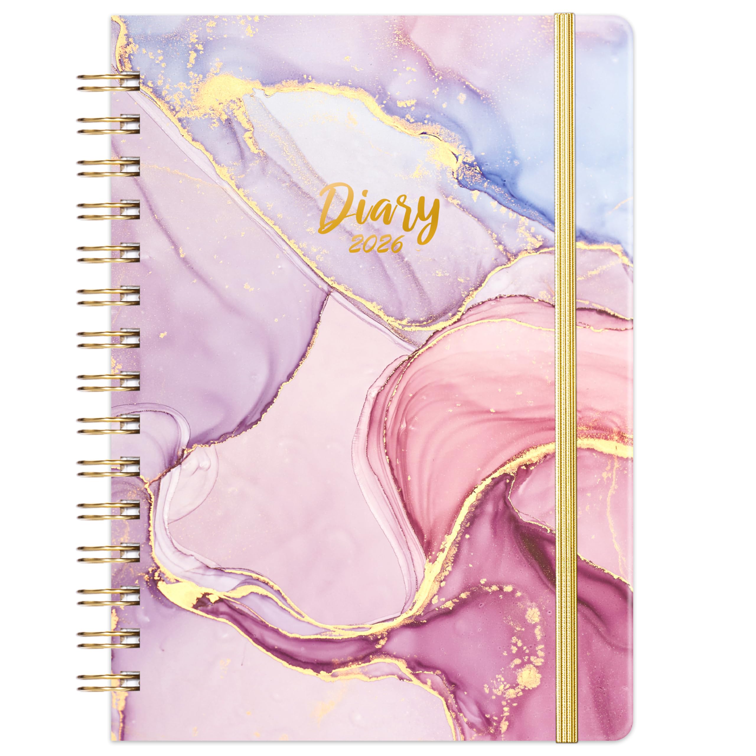 Diary 2026 - A5 Diary Week to View from January 2026 to December 2026, Pink and Gold, Twin-wire Binding, HardCover, Elastic Closure, 21.5 x 15.5 x 1.5 cm