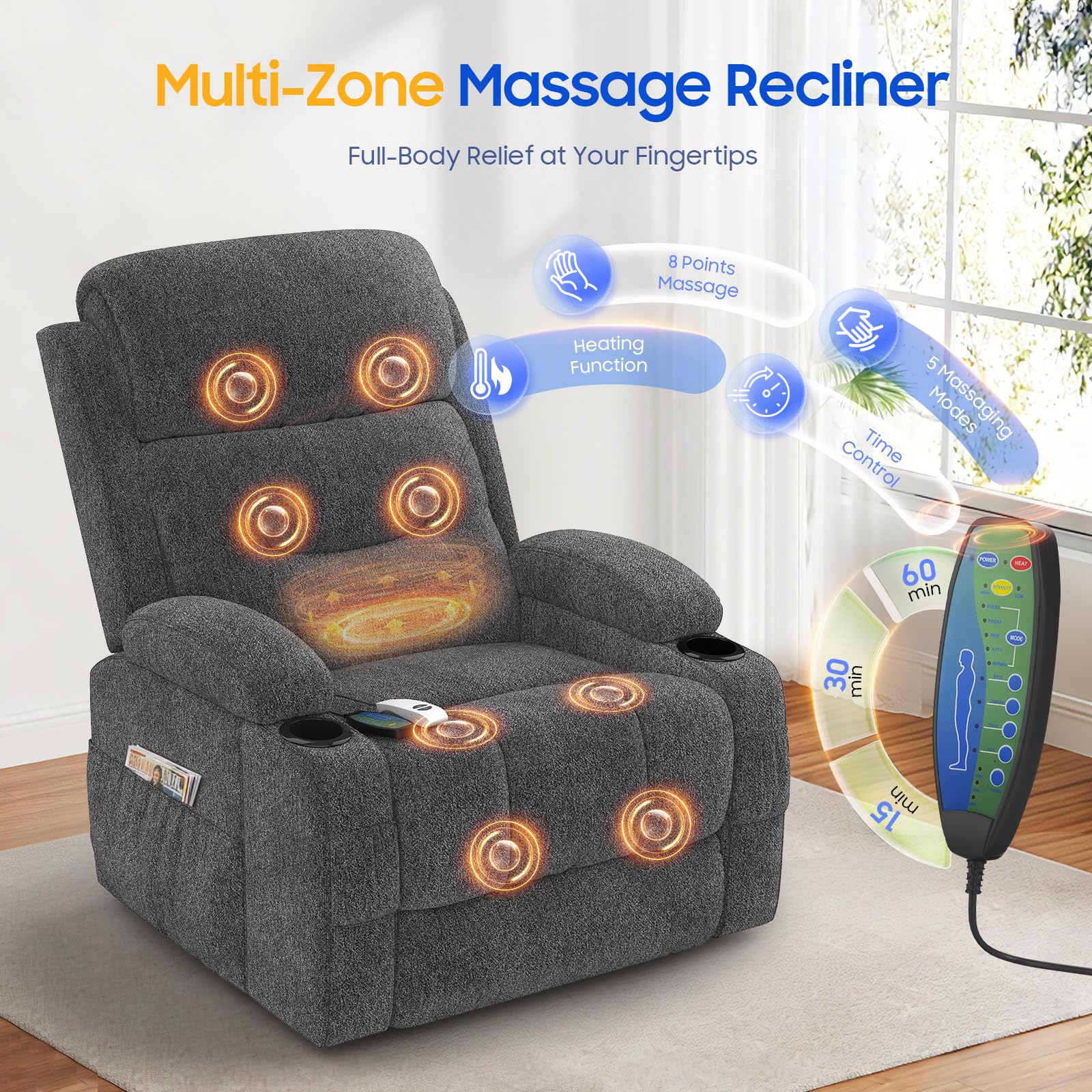 Sillón reclinable con función masaje y calefacción, sillón elevable para ancianos con puertos Type-C y USB, 4 bolsillos laterales, 2 portabebidas, sillón reclinable Rise para salón
