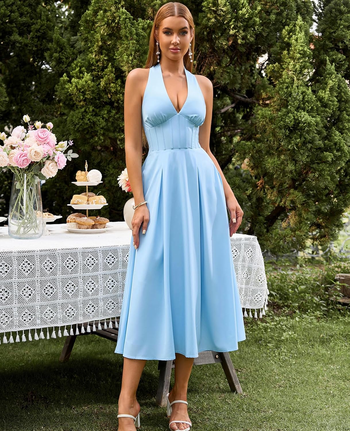 GLNEGE Floral Halter Corset Midi Sun Dress V Neck Bow Tie Smocked Back Flowy Wedding Guest Dresses for Women with Pockets - Image 2