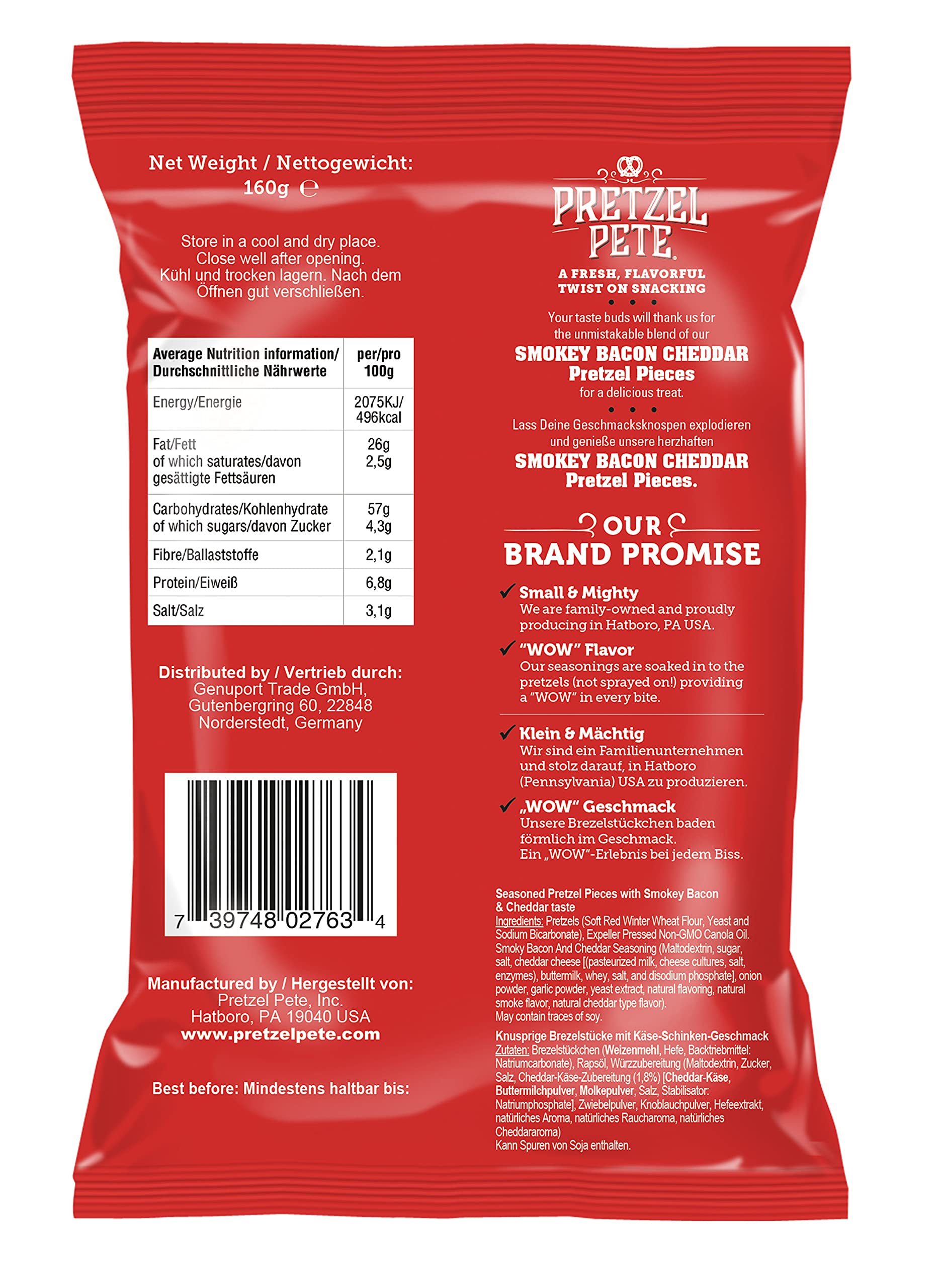 Pretzel Pete Pretzel Pieces - Smokey Bacon Cheddar, Leckeres Bretzelgebäck – Salziger Knabberspaß - (8x160g)