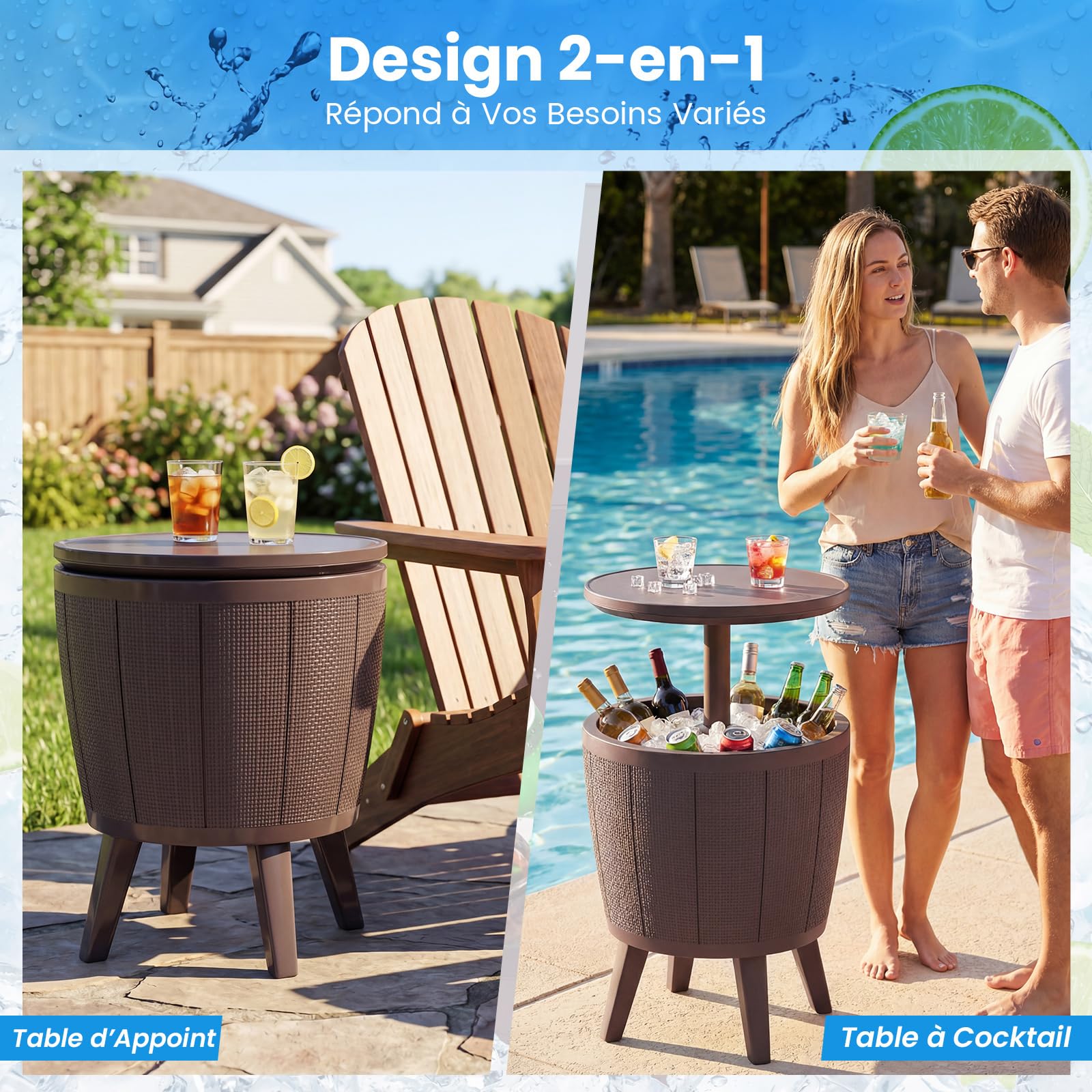 COSTWAY Table Glacière 38L 2 en 1 avec Plateau Relevable, Seau à Glace d'Extérieur avec Bouchon de Vidange, Ø 49 x 59/84 cm Marron