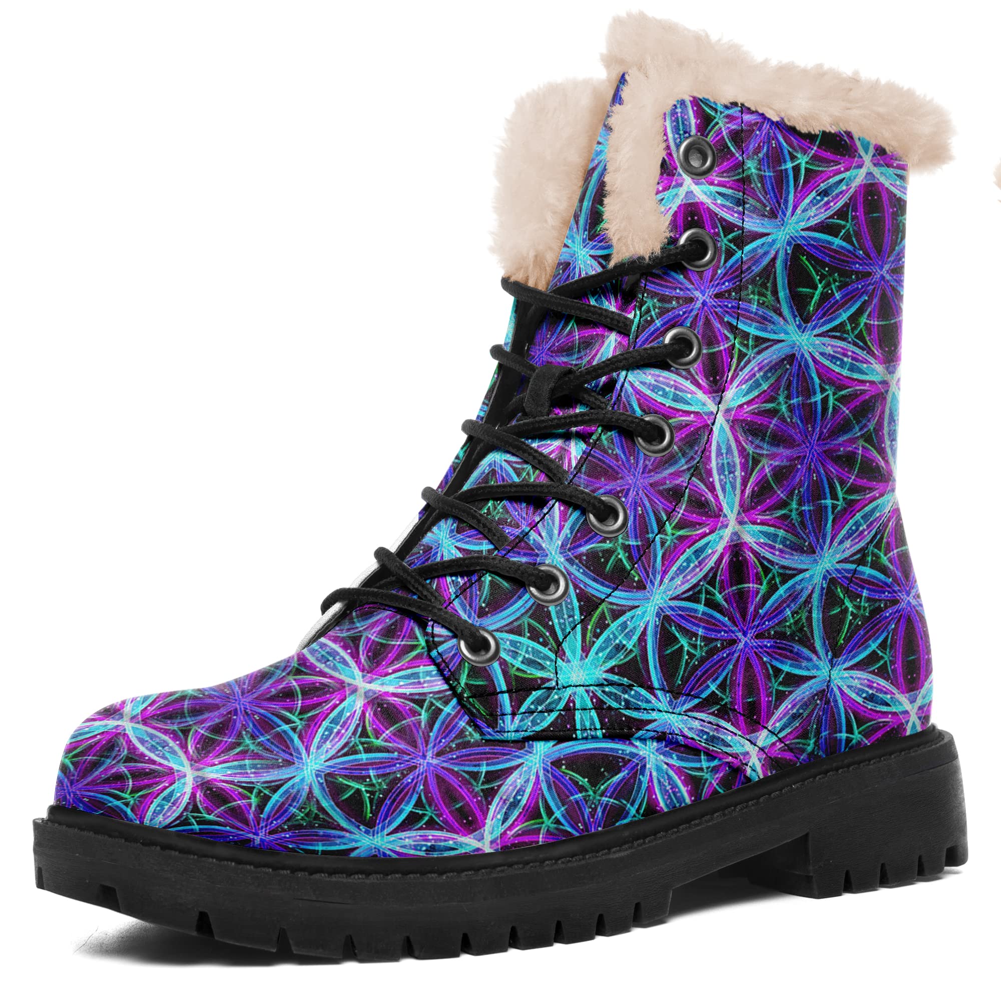 Womens Fur Snow Boots Floral Animal Print Warm Comfortable Winter Ankle Boots Waterproof Vegan Leather Boots