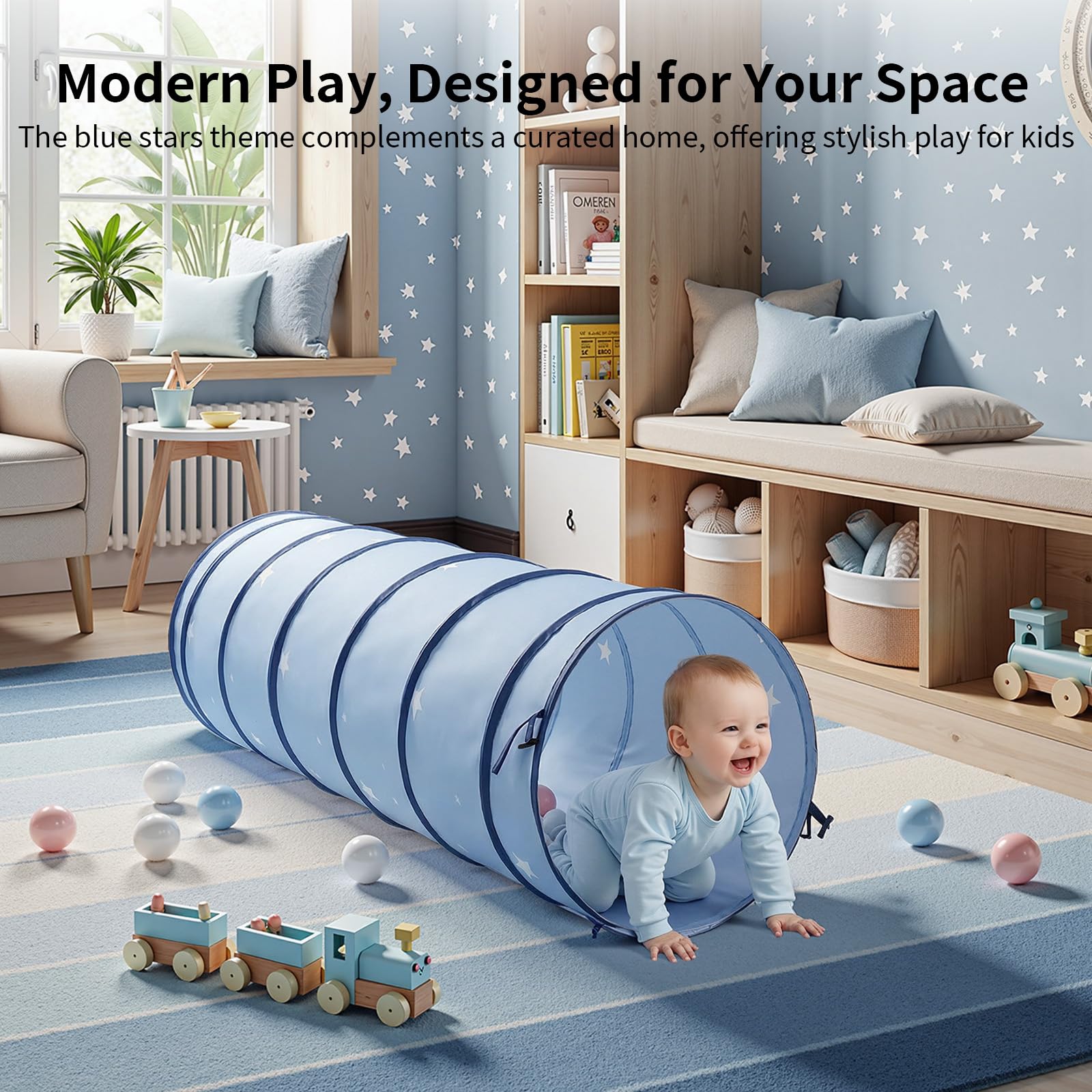 Tunnel de Jeu Pop-up pour Enfants: Tente-Tunnel Pliable en Tissu Peau de Pêche pour Bébés Rampants-Jouet pour Tout-Petits Intérieur Extérieur - Cadeau pour Garçons Filles 175 × 46 cm (Étoiles Bleues)