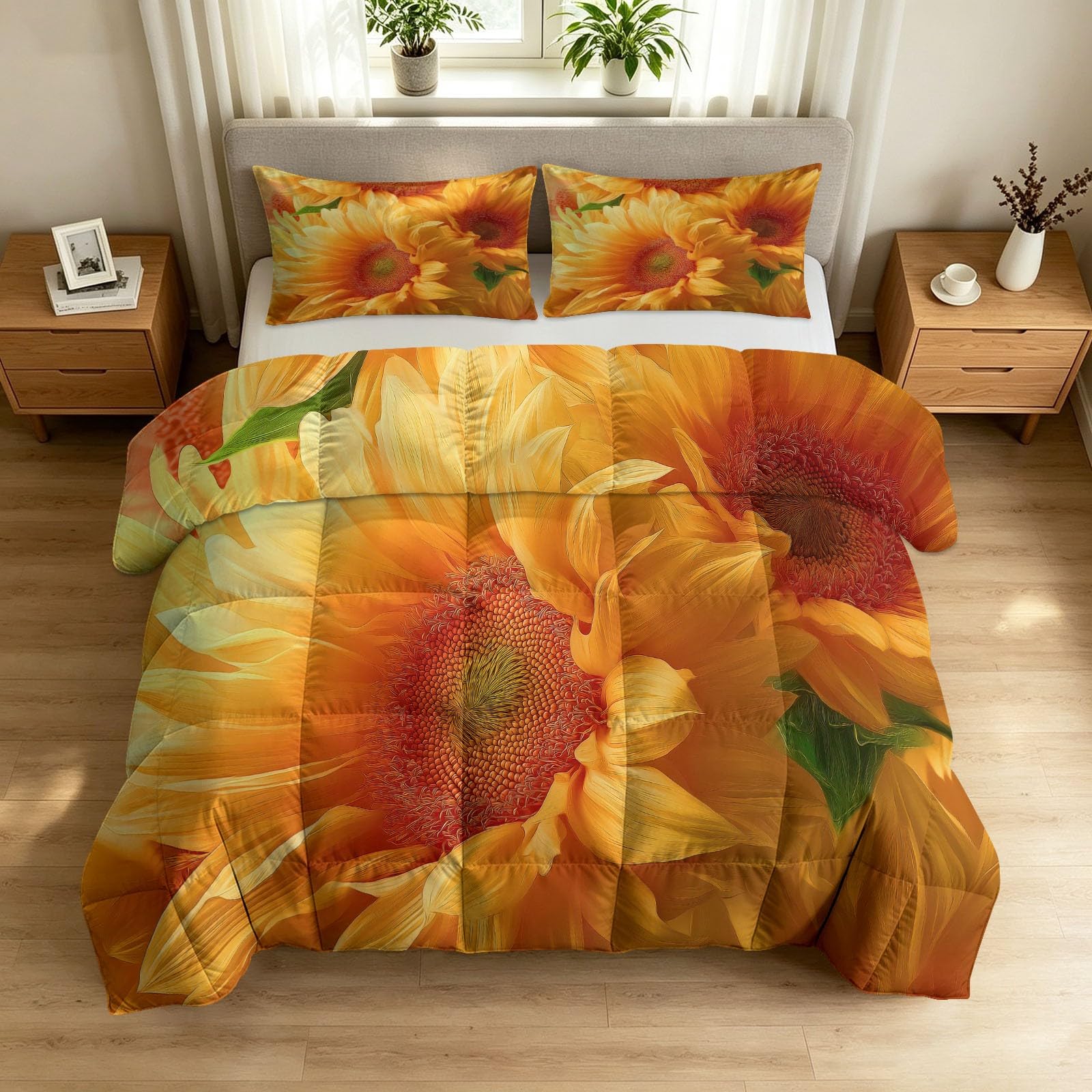Piumino 200 x 200 cm, 4 stagioni, morbido e anallergico, senza rivestimento, con motivo floreale, girasoli e foglie verdi, leggero e lavabile, per tutto l'anno, con 2 federe