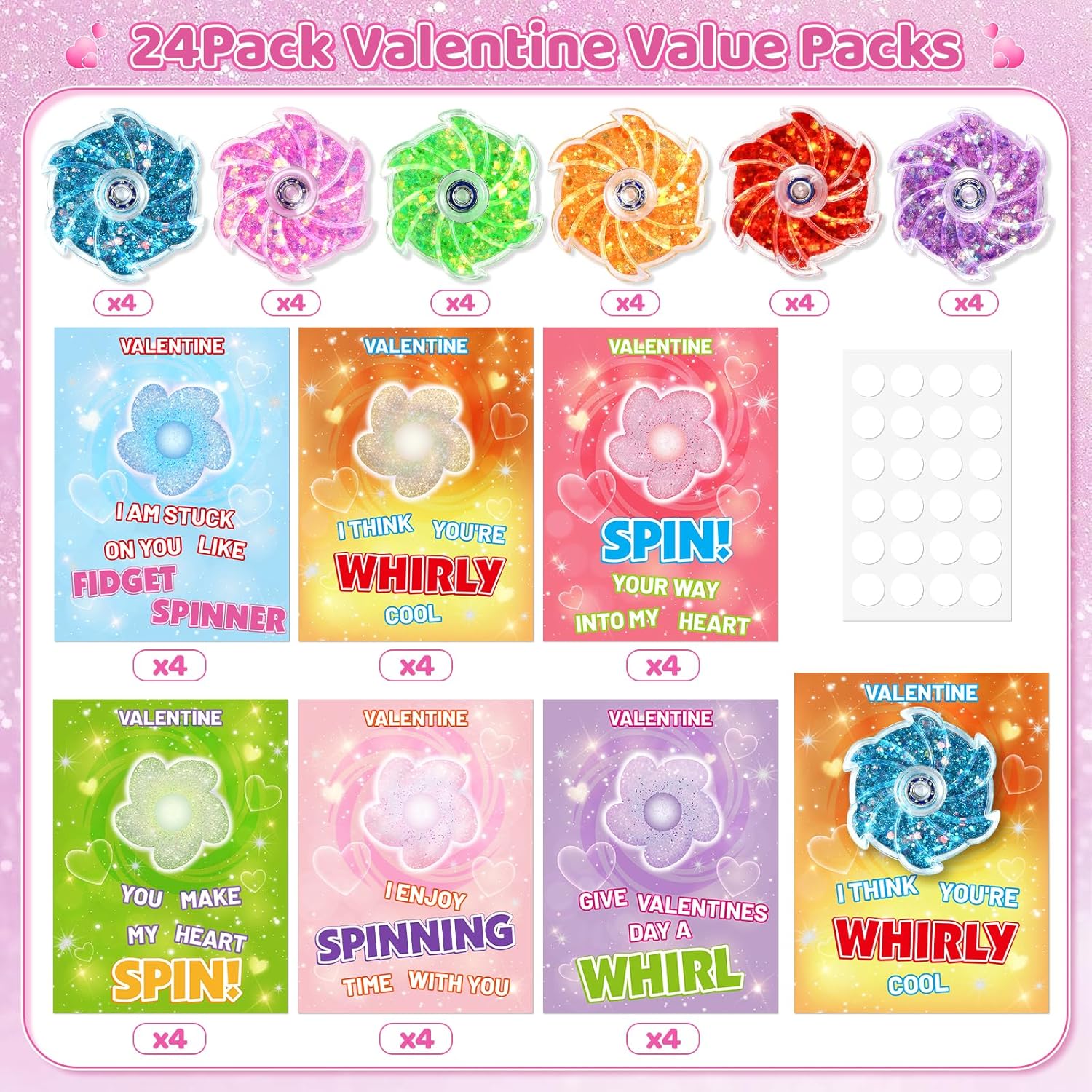 Valentines Day Gifts for Kids, 24 Pack Glitter Fidget Spinners with Cards, Valentines Party Favors for Kids Classroom Exchange, Fidget Sensory Toys for Boys Girls School Classroom Prizes