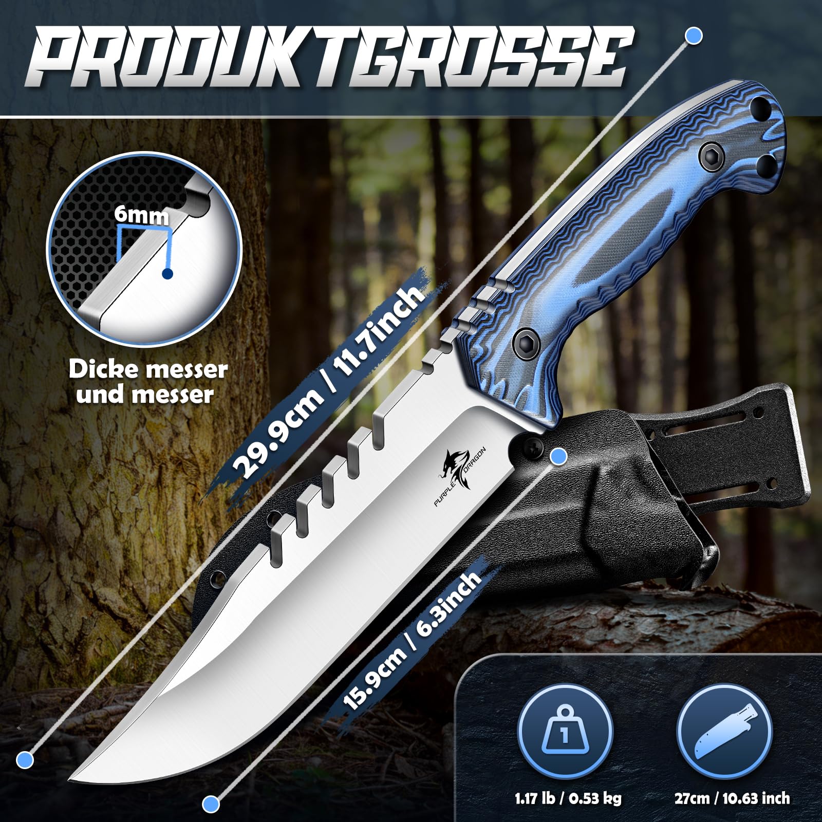Purple Dragon Full Tang D2 Stahl Outdoor Survival Messer - 6 mm Dicke Klinge, G10 Griff & Kydex Scheide - Robustes Camping Messer für Wildnis und Überlebensaktivitäten Geschenk für Männer