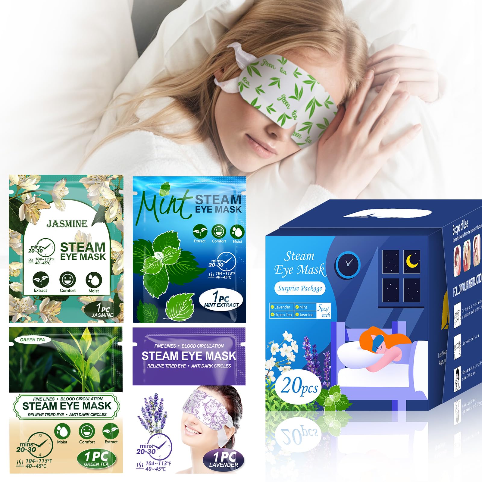 20pcs Steam Eye Masks for Dry Eyes, Self Heating Warm Compress for Eyes Fatigue & Puffiness Relief, Disposable Heated Eye Mask Travel Essentials, Spa Relaxation Set for Christmas, Four Scents