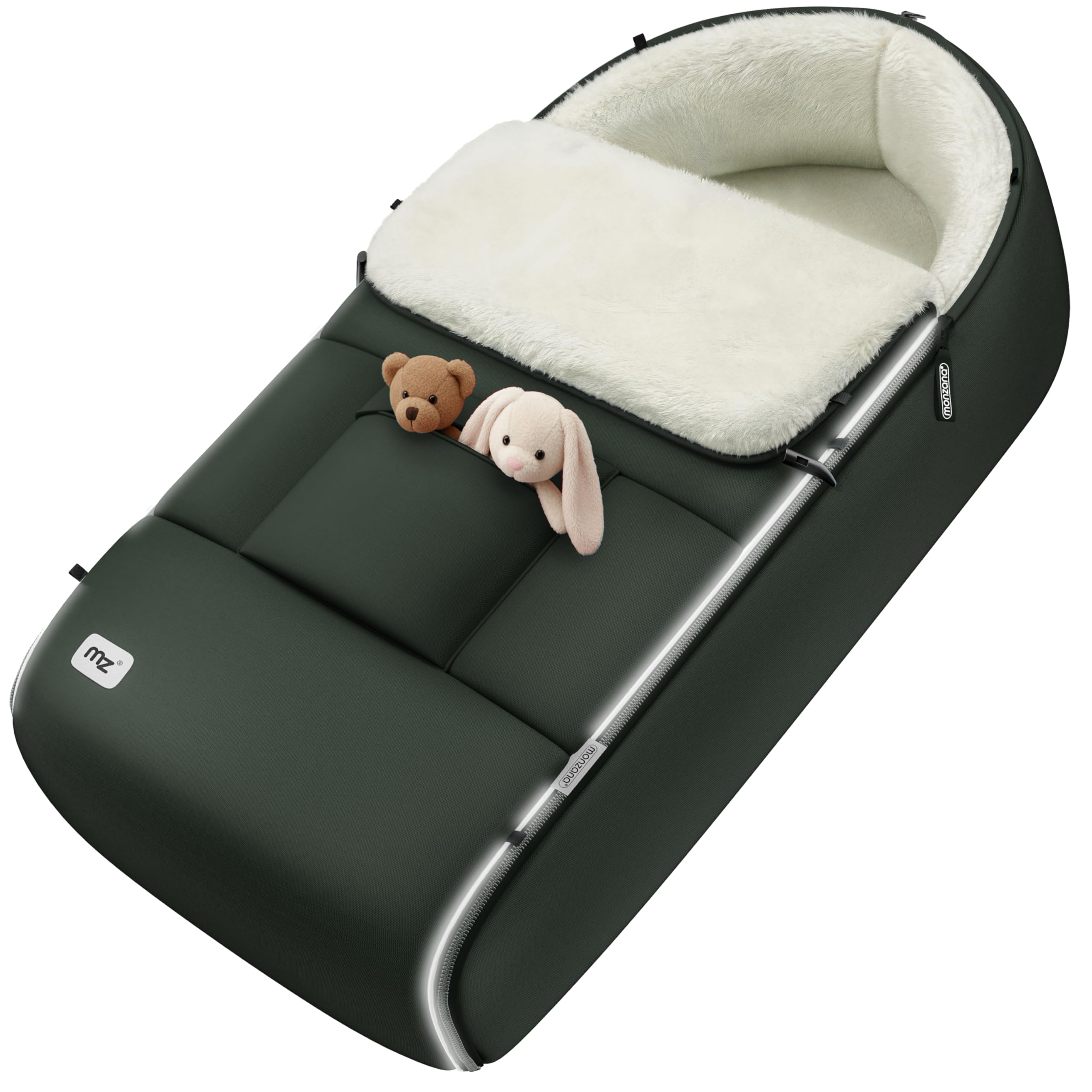 MONZANA® Fußsack Kinderwagen & Buggy – Kuscheliger Winterfußsack für Baby, mit Reflektoren, Reißverschluss & 3-/5-Punkt-Gurtsystem – Waschbar, Wasserabweisend, Dunkelgrün