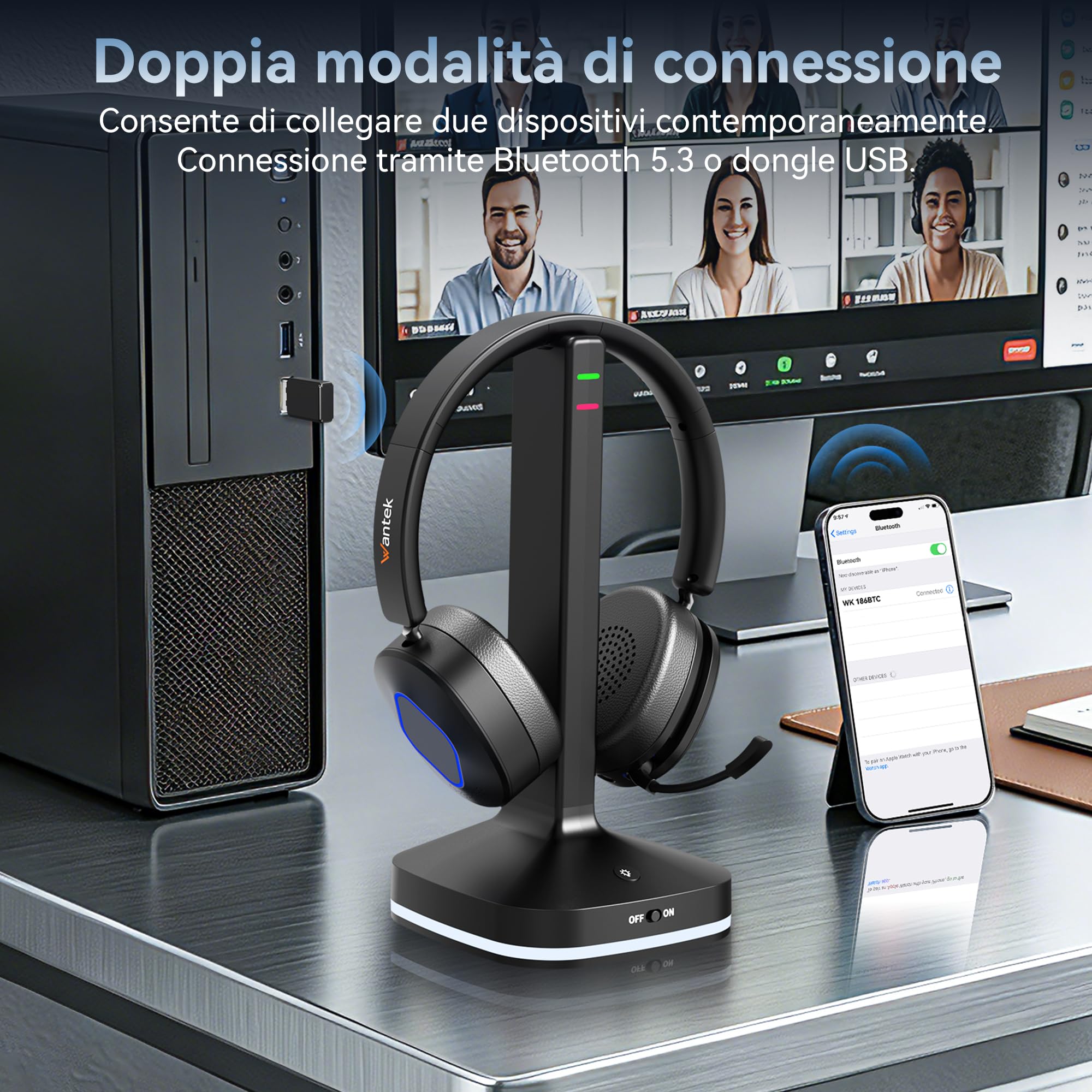 Wantek Cuffie Bluetooth con Microfono, Base di Ricarica e Dongle USB, Bluetooth 6.0, Riduzione del Rumore Microfono, Connessione Multipoint, per PC, Laptop, Teams, Zoom e Ufficio, call center
