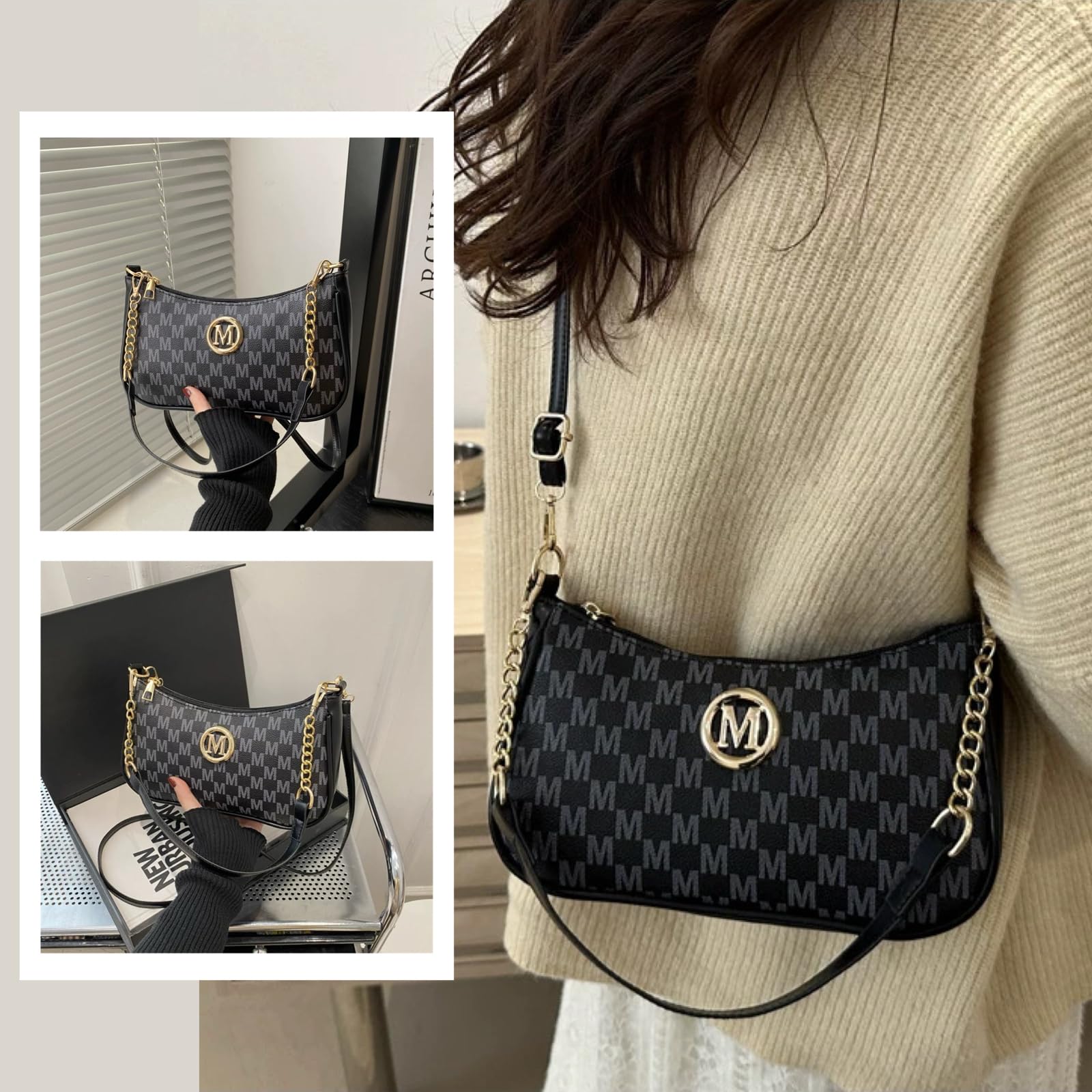 Kleine Handtasche Damen M Buchstaben Muster Elegant Schultertasche Pu Leder Crossbody Taschen Umhängetasche mit Verstellbarer Schultergurt