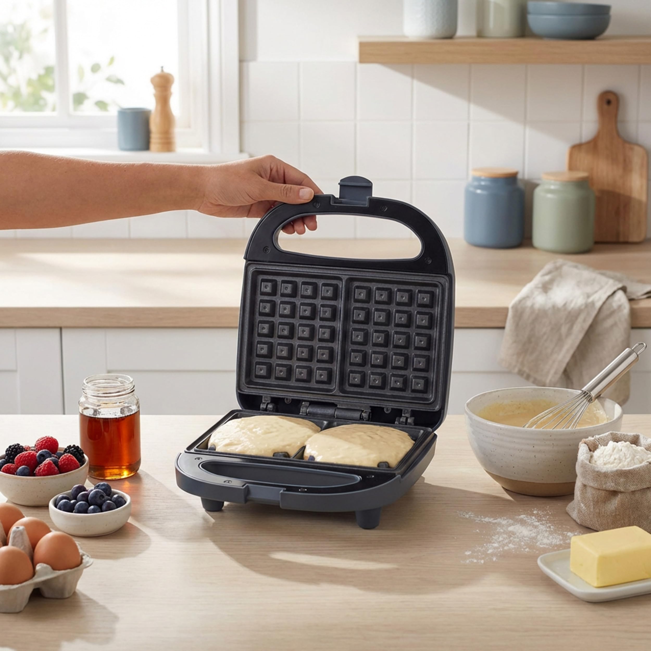 Progress Mellow Waffle Maker - 2 rebanadas, control automático de temperatura, luces indicadoras de encendido/listo, placas de cocción antiadherentes, asas de transporte frías al tacto, 750 W