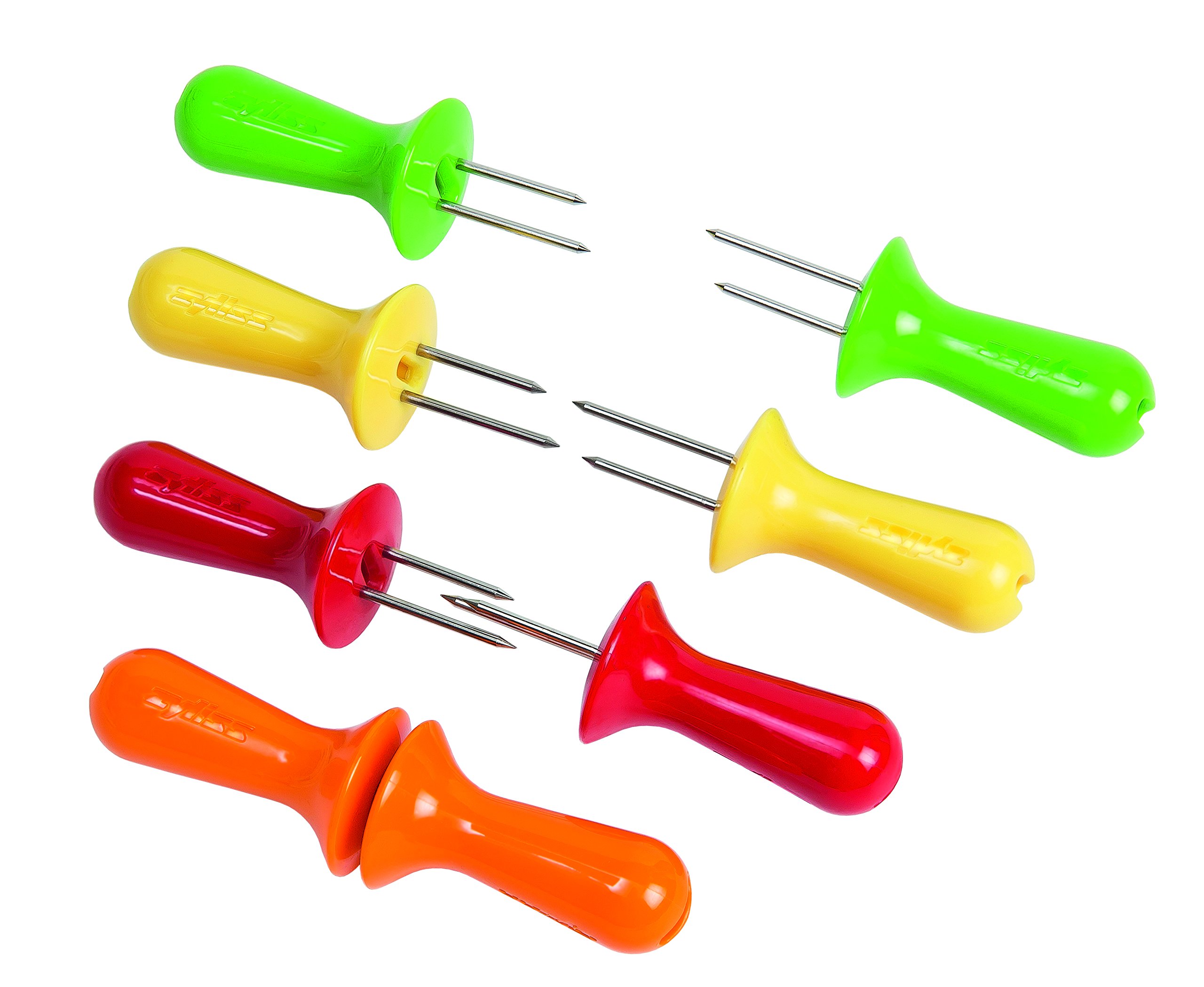 Corn Cob Holders, Plastic/Stainless Steel, Multicoloured, 8X Holders/Skewers/Forks for Corn Cobs, Dishwasher Safe