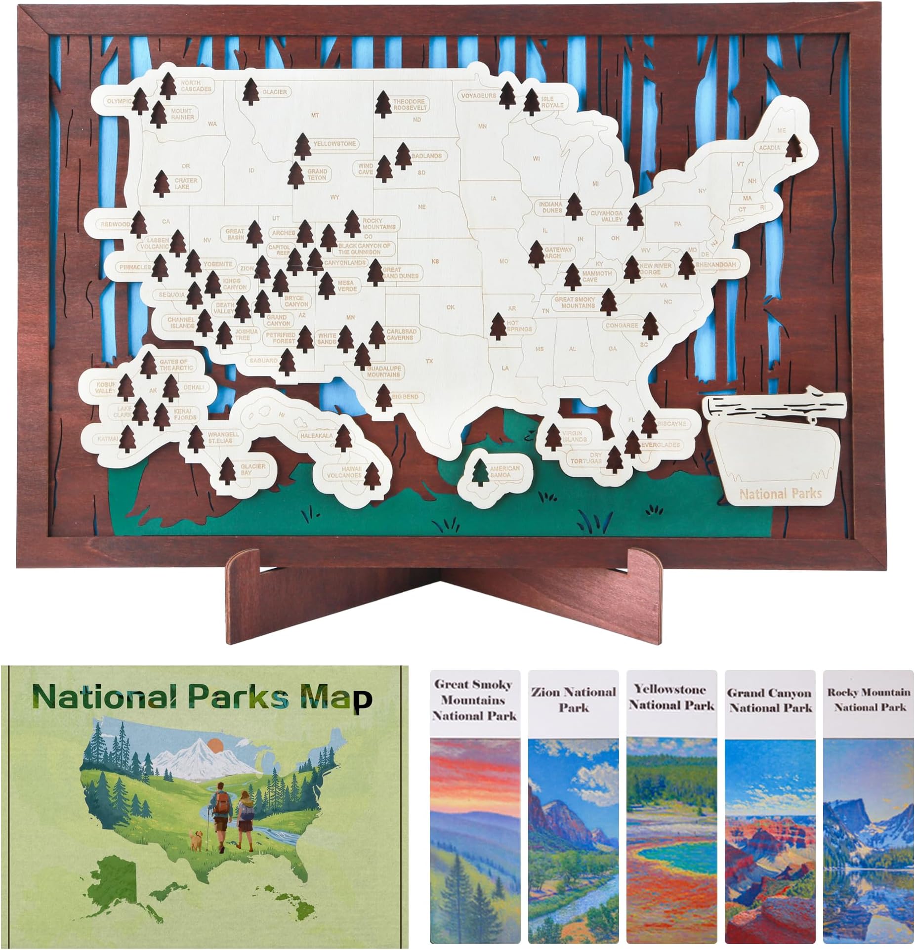 Wooden US National Parks Map Travel Tracker – 3-Layer Framed Wall Art with 70 Tree Pins, Stand, Marker & Gift Box – National Park Checklist Map, Holiday and Educational Geography Gift for Adventurers, Families & Outdoor Lovers, Perfect for RV, Home & Holiday Décor (Brown, 16.5 x 11")