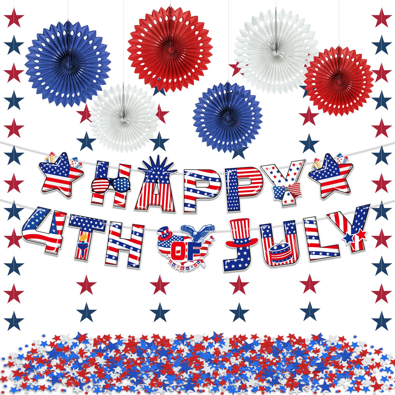 4th Of July Party Decorations Set - American Flag Fans, Pom Poms & Star Garland