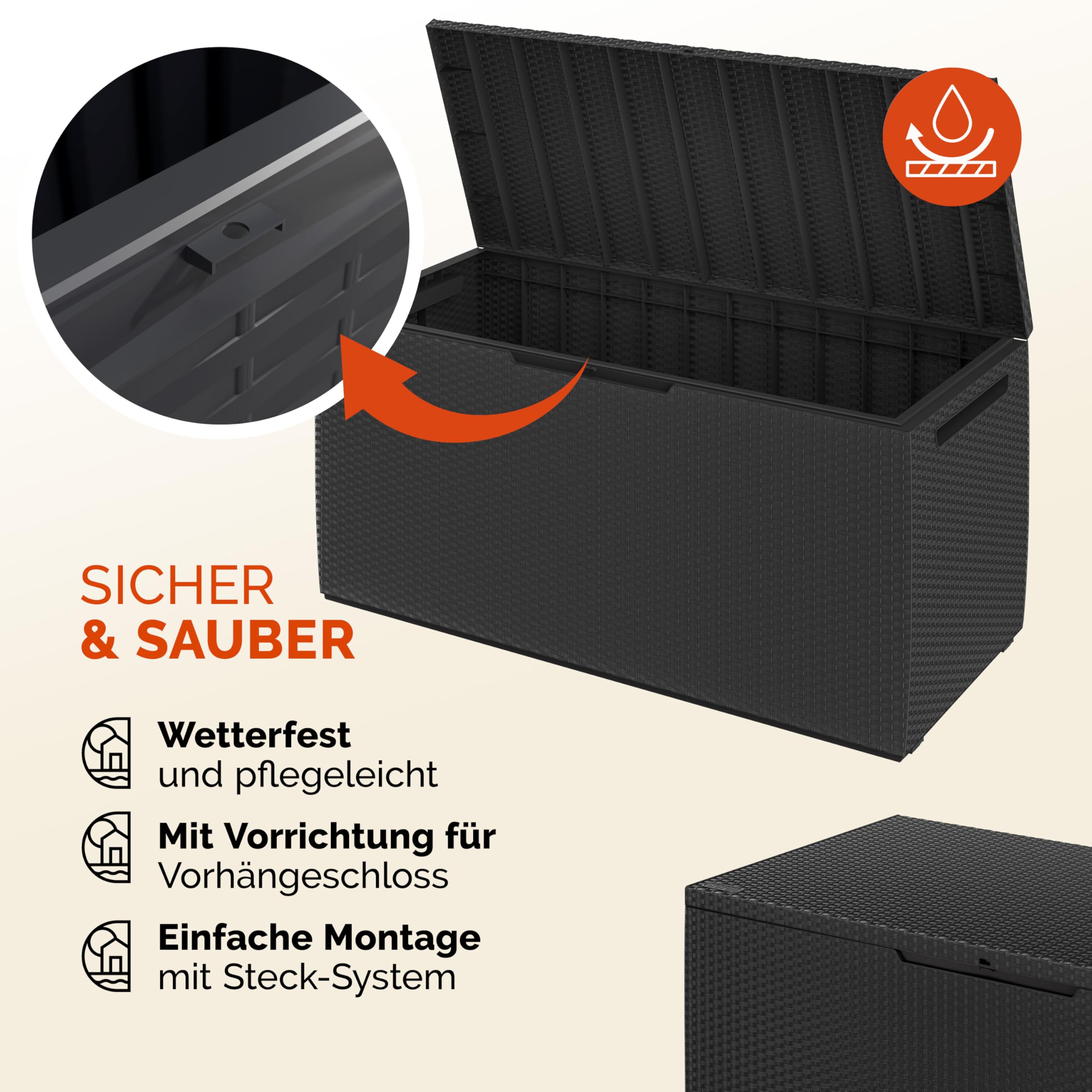Deuba® Gartenbox 310L UV-beständig Haltegriffe Rollen Verschlussvorrichtung Balkon Wohnzimmer Wintergarten Kissenbox 123x53cm Rattan-Optik Anthrazit