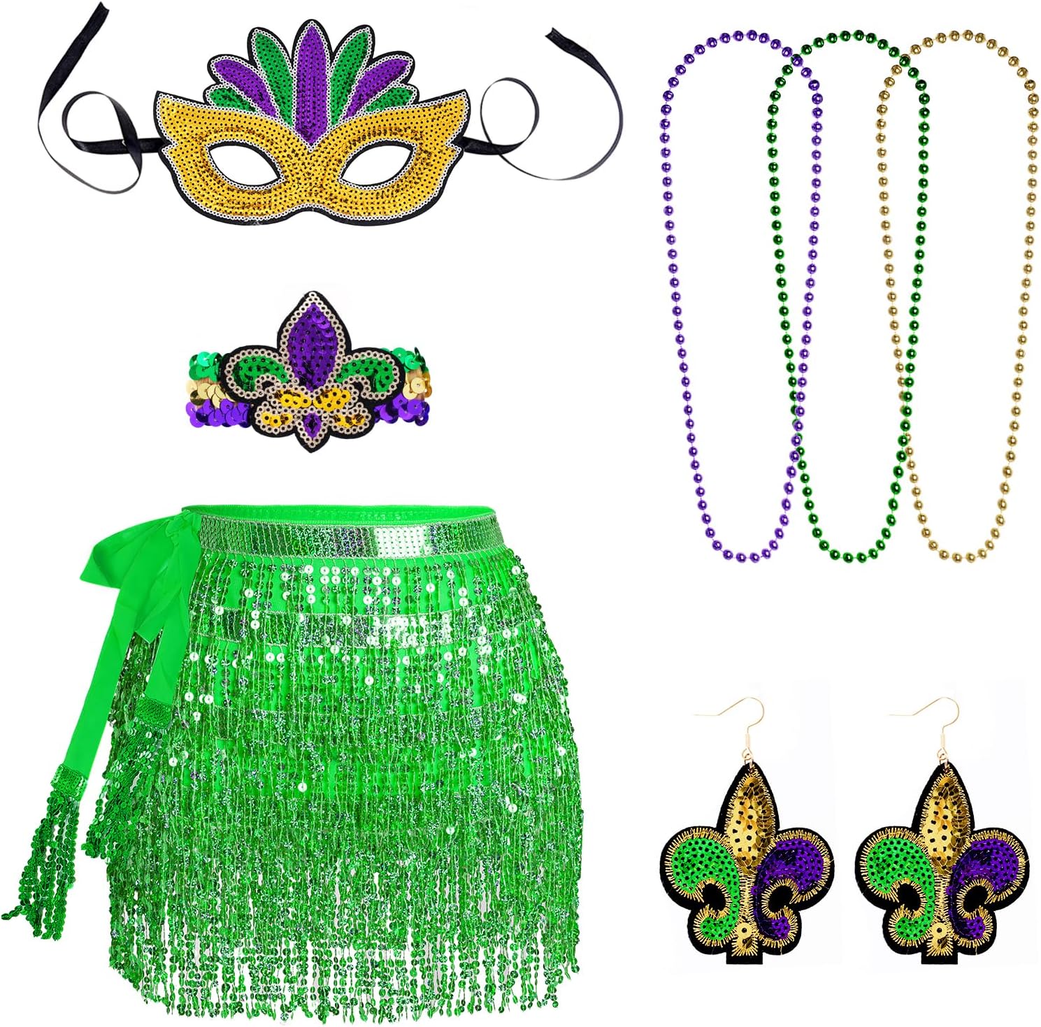 7Pcs Mardi Gras Costume Accessory Set Sequins Wrap Skirt Mardi Gras Earrings Bracelet Mask Beads Necklaces for Carnival Outfits