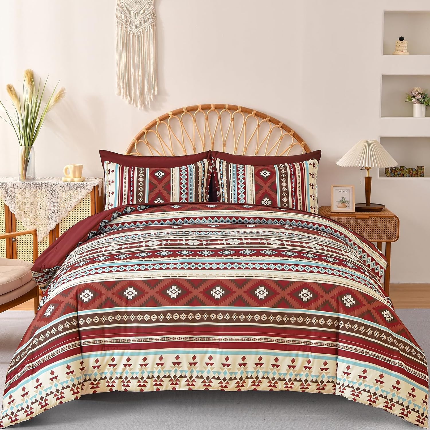 Dinjoy Red Boho Comforter Set Queen,7 Piece Bed in a Bag Queen Size Soft Aztec Bedding Sets with Sheets Bohemian Striped Bed Set Western Burgundy for Fall Winter 90"x90"