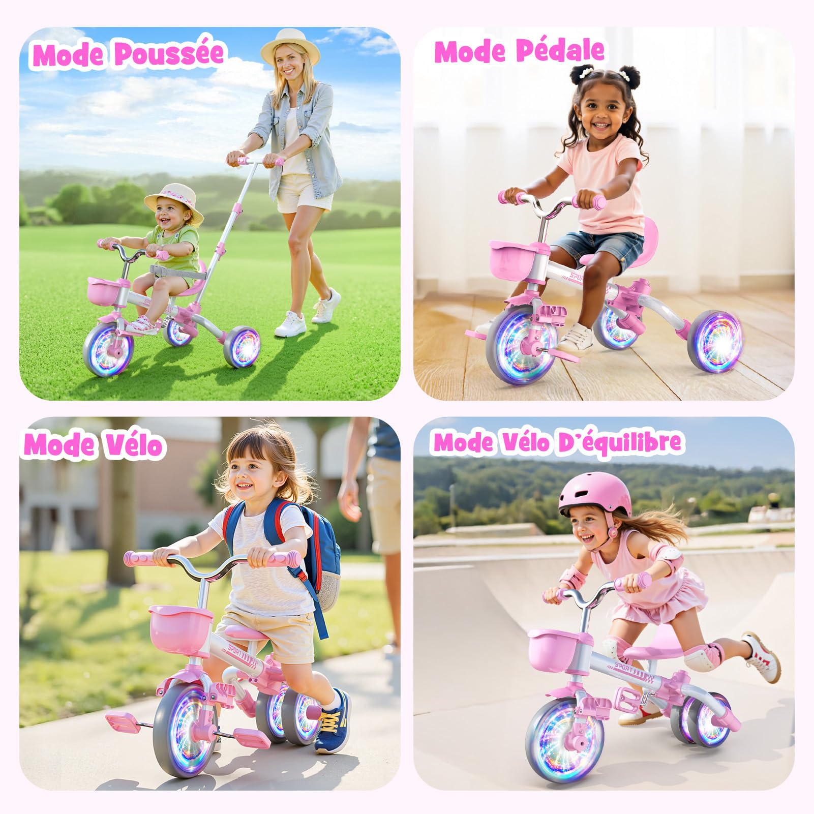 HappyGoLucky 5 en 1 Tricycle évolutif Enfant, Draisienne 1-5 Ans-Roues Lumineuses/Poignée Parentale/Sièges&pédales Réglables