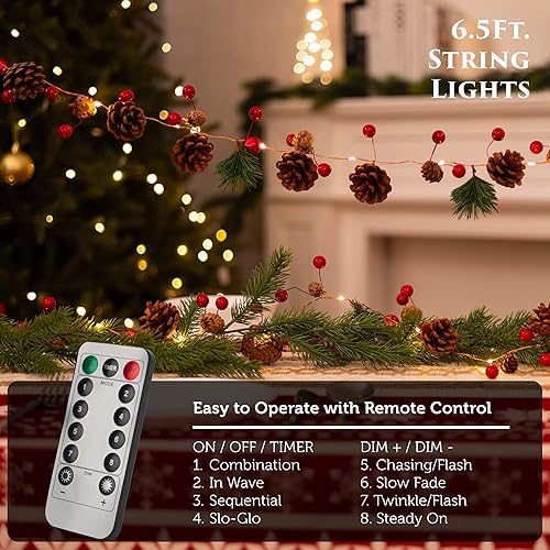 Miniatura 4 de Guirnalda de Navidad con luces, 6.5 pies, 20 luces LED, cono de pino rojo y bayas, funciona con pilas, guirnalda de luces con 8 modos, control