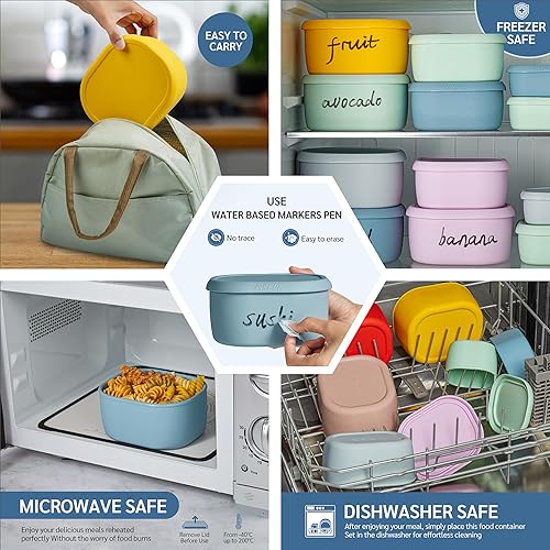 Miniatura 7 de ISSEVE Juego de 12 recipientes de silicona para almacenamiento de alimentos con tapas, sin BPA, reutilizables, recipientes de silicona herméticos,