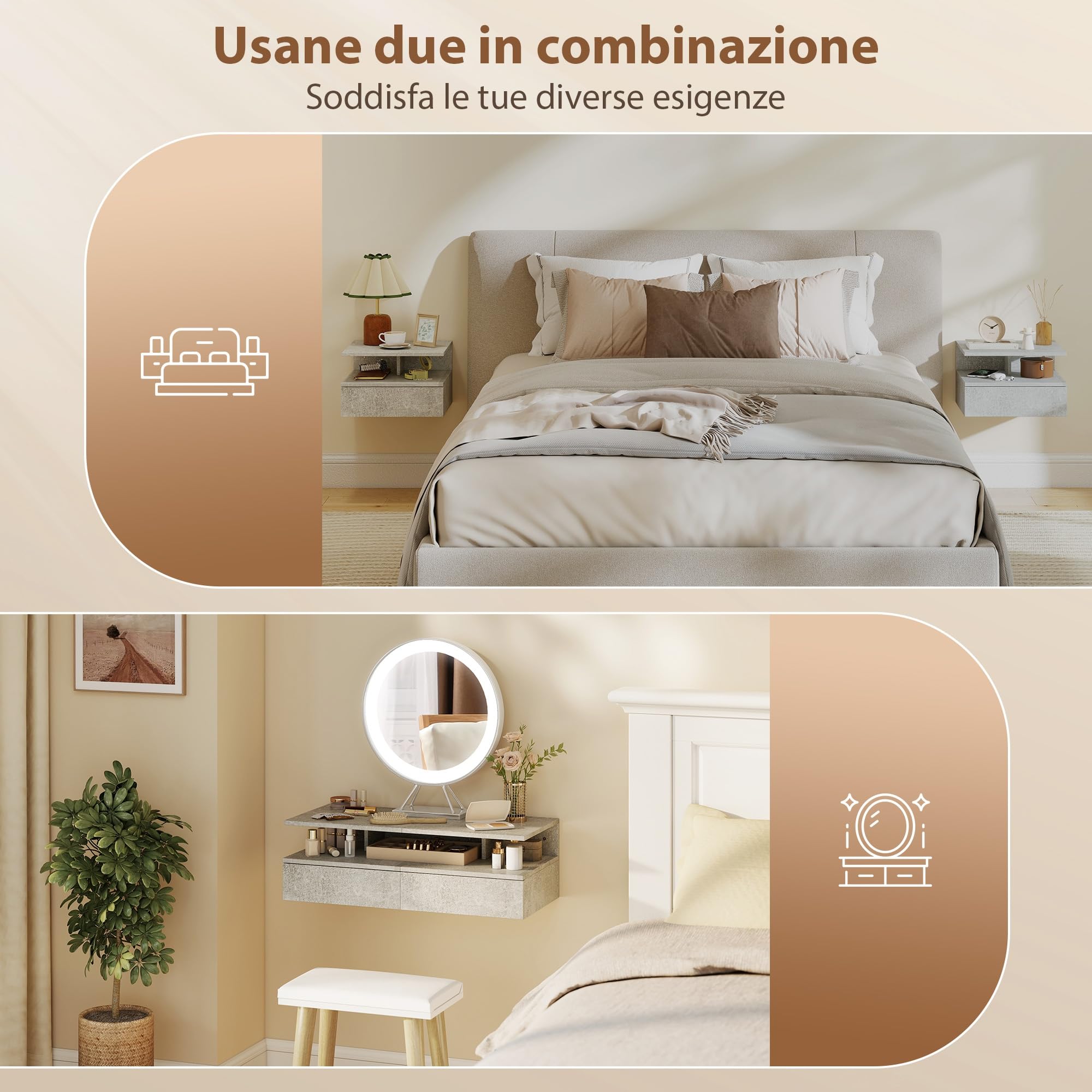 HOMCOM Set di 2 Comodini Camera da Letto Sospesi con Cassetto e Scomparto Aperto, Coppia di Comodini Moderno in Legno, Tavolini per Divano, Soggiorno, Salotto e Camera, 35x32x22.5 cm, Grigio Cemento