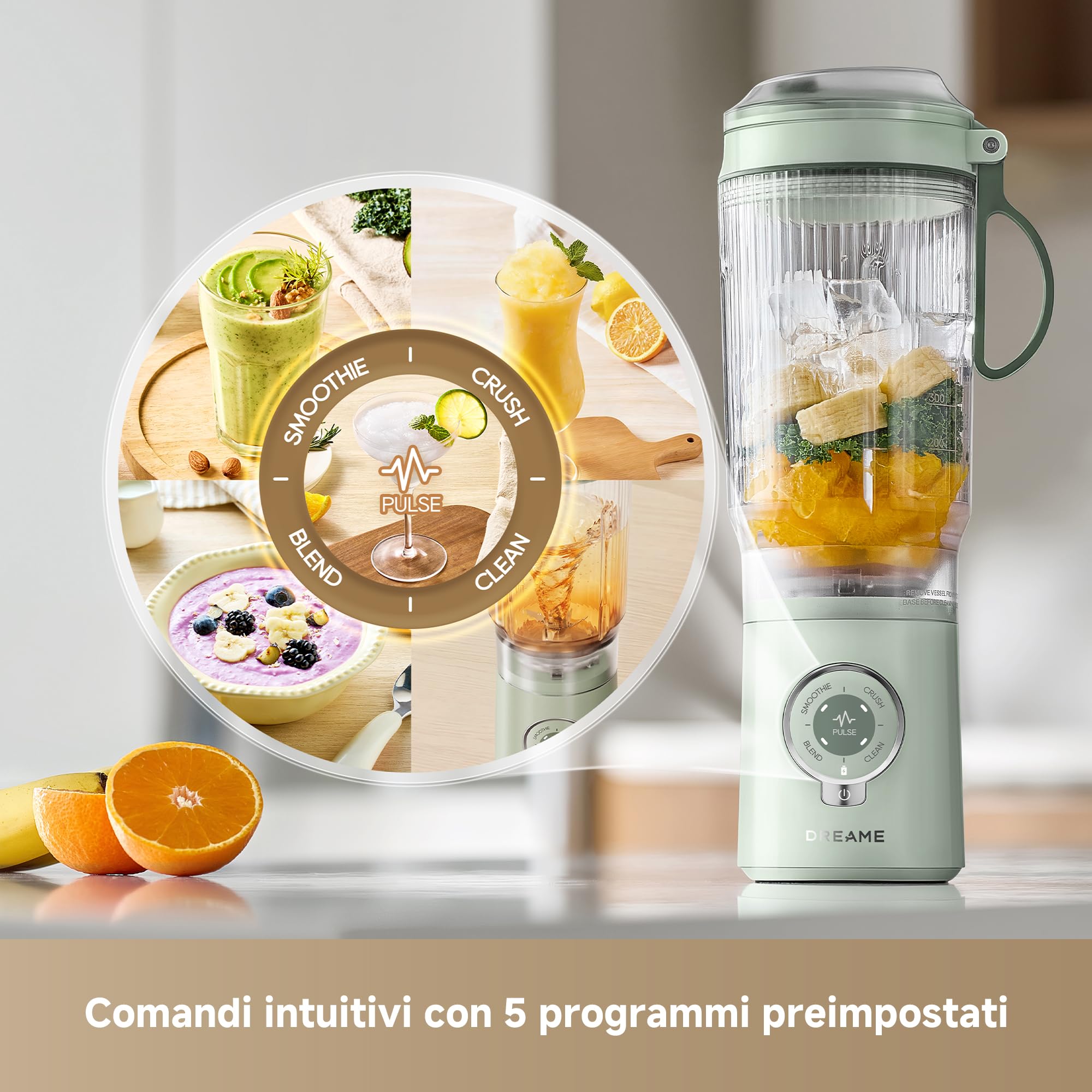 DREAME PortFresh Frullatore Portatile, Base Rimovibile, Ricarica Rapida, Bicchiere 880 ml Senza BPA (Capacità 500 ml), 5 Funzioni Preimpostate, Modalità di Autopulizia, Lavabile in Lavastoviglie,Verde
