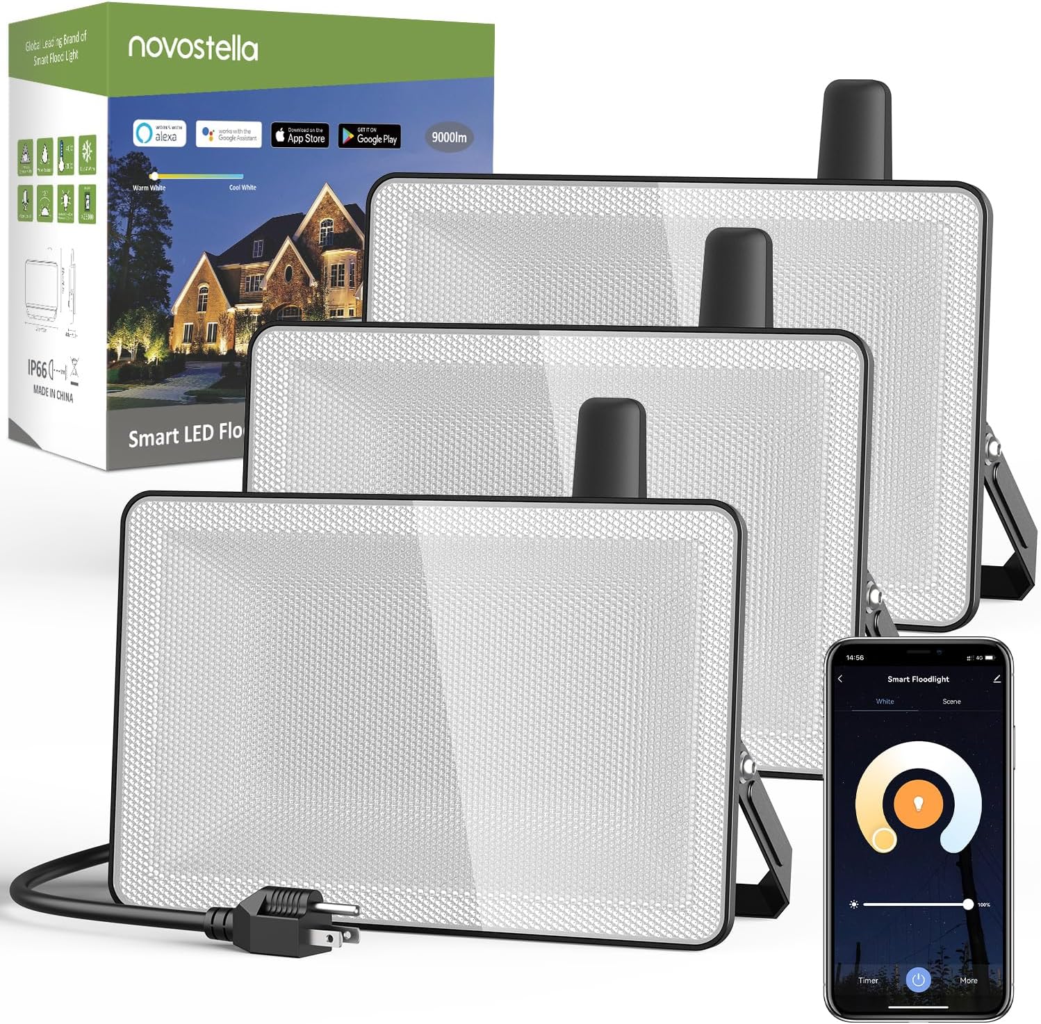 NOVOSTELLA 3 Pack 100W Smart LED Flood Light, Total 18000LM Super Bright Flood Light Outdoor IP66 Waterproof, Tunable White 2700K-6500K Outside Alexa Floodlight for Yard Stadium Garage Porch Lawn