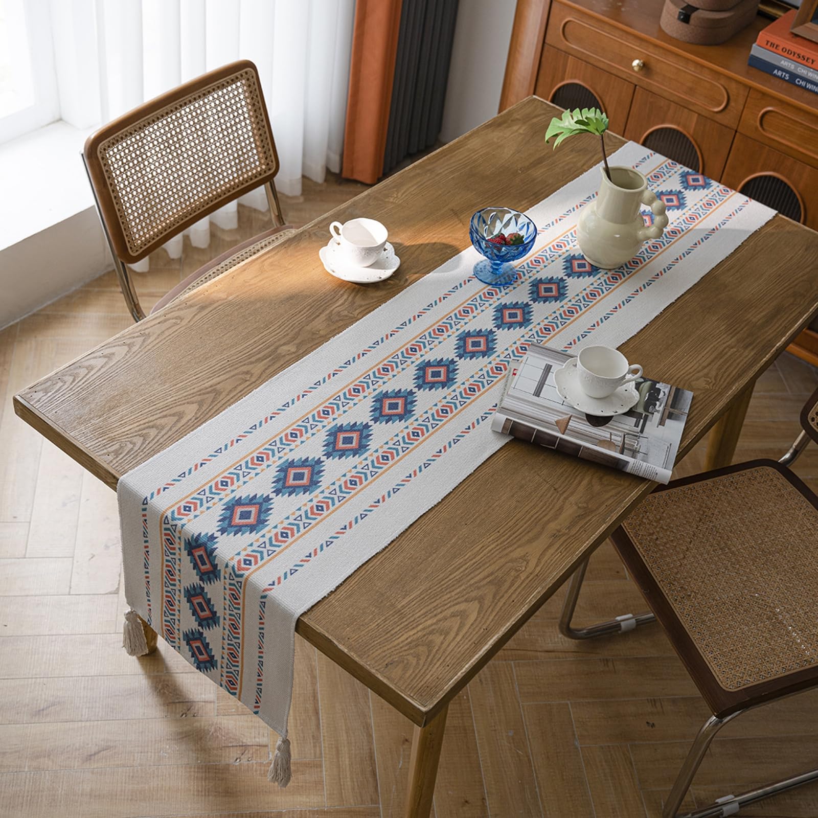 Bieżnik na stół bawełniany len 35 x 180 cm, nowoczesny zmywalny geometryczny wzór rombowy z frędzlami dekoracje ślubne stoły kuchenne, beżowy niebieski