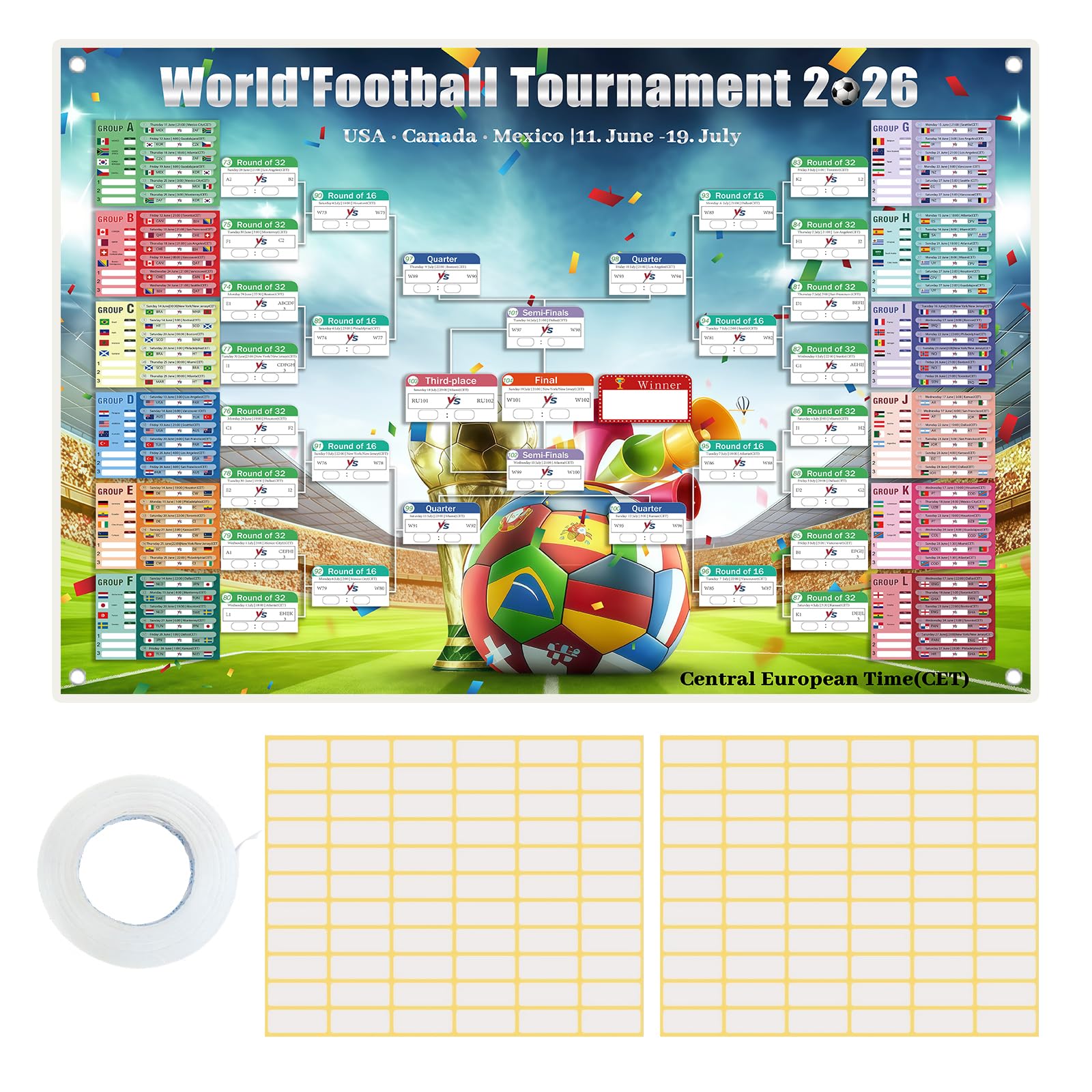 Calendrier Coupe Monde Football 2026, 100cm x 150cm, Couvrant l'ensemble des 104 matchs, y compris les calendriers (heure d'Europe centrale) et les lieux des rencontres