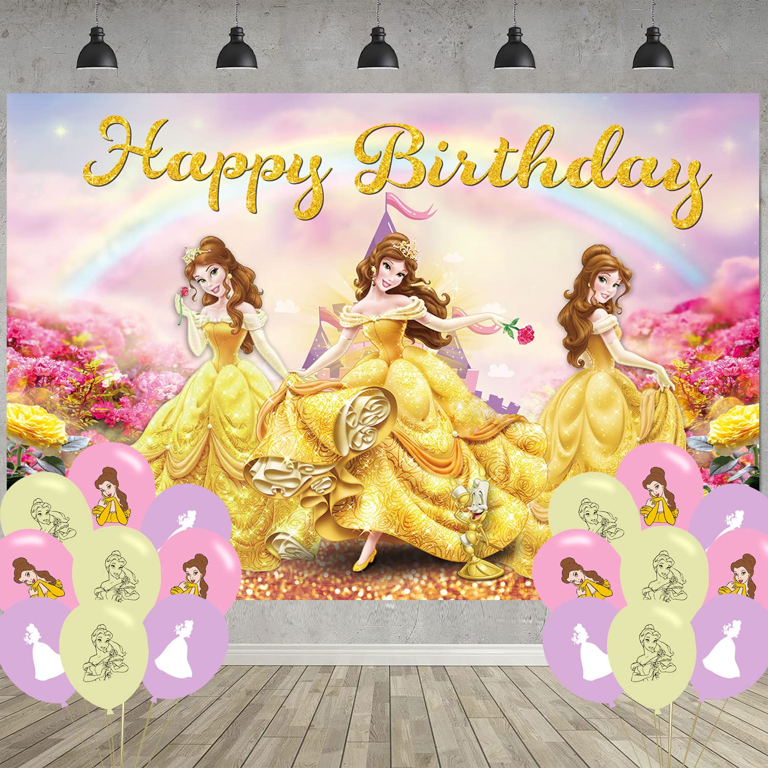 Princess Belle Birthday Party Decoration,Photo Background 5 x 3 FT, 18 Pcs Balloons,Beauty and Beast Merch Party Backdrop Supplies