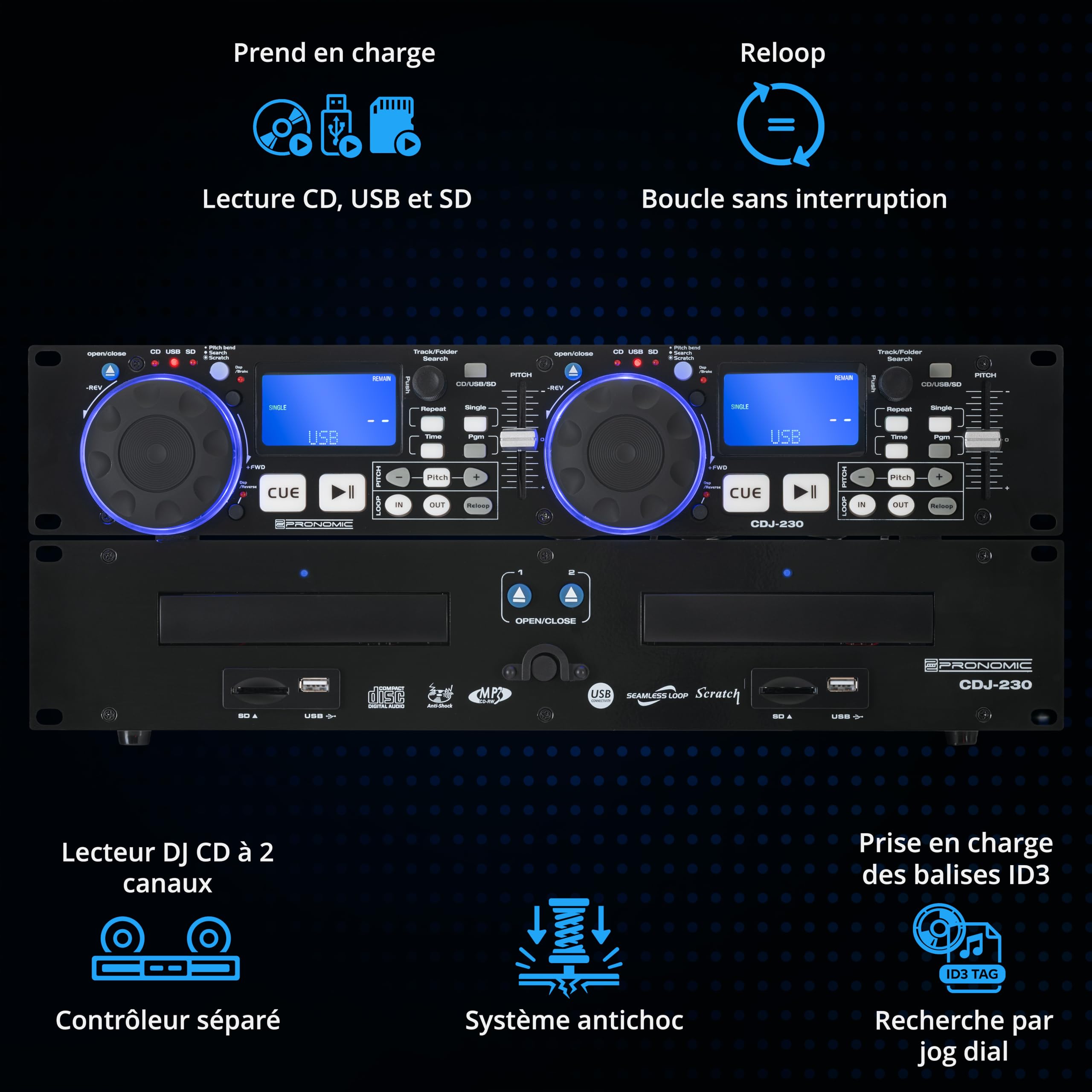 Pronomic CDJ-230 Double Lecteur CD DJ - Lecteur CD MP3 2 canaux avec contrôleur séparé, USB et SD, Pitch Bender, Effets DSP, Seamless Loop, Format Rack 19 Pouces, Noir