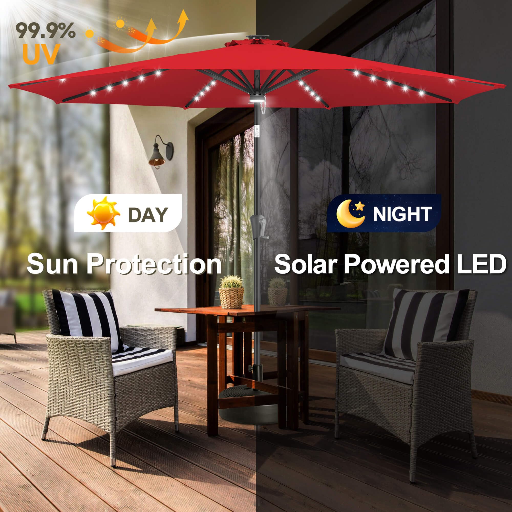 astonica 9 ft rectangular solar powered patio umbrella in scarlet FLAME&SHADE with a Centre Light, Red ZERO2 TRENCH HELMET this umbrella seamlessly transitions pfid:L47232100 size:X-Large (63cm-67cm)