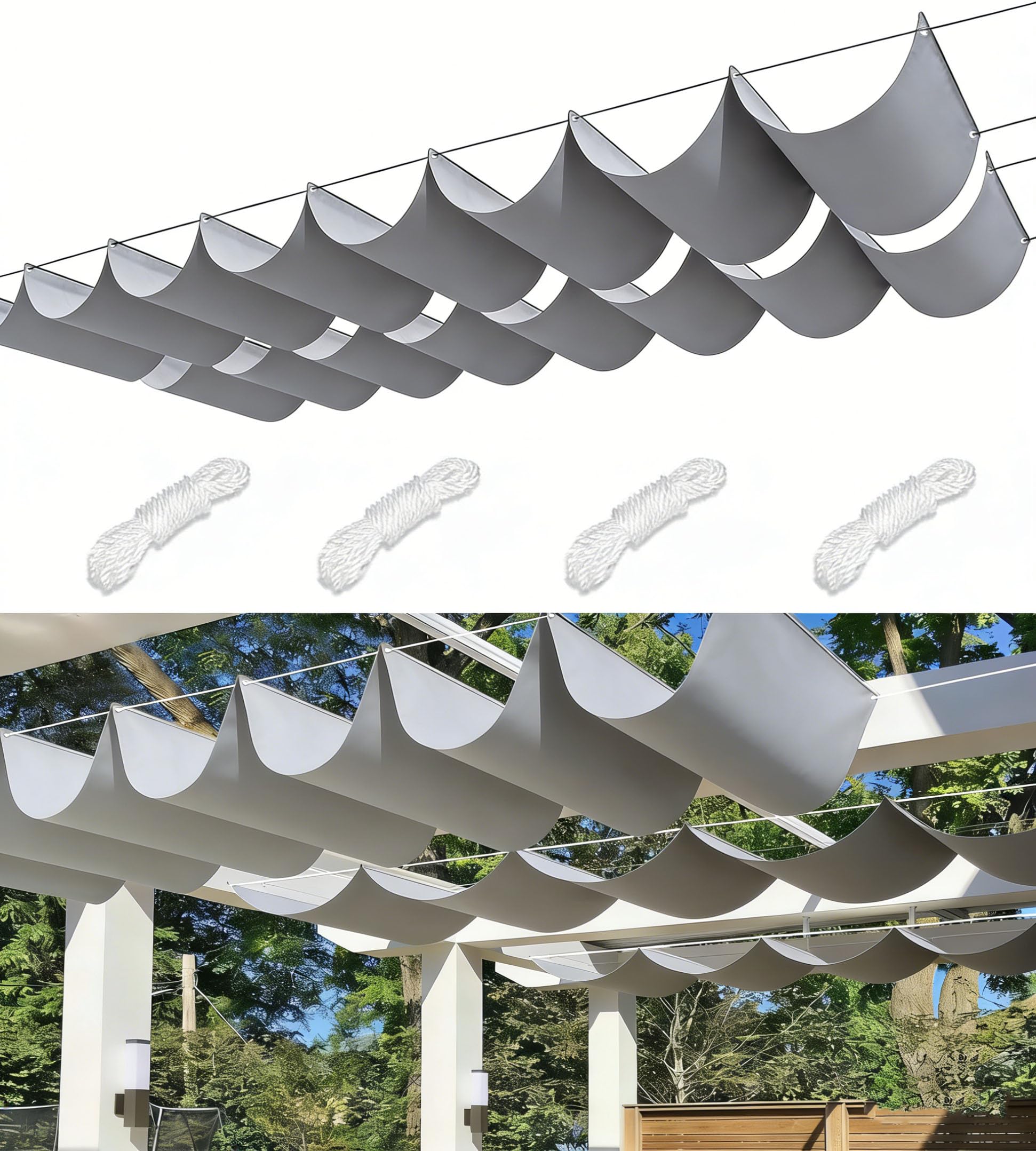Rétractable Vague Voile-D'ombrage Imperméable Bâche Dombrage Voile Solaire Pare-Soleil Jardin Balcon Toile-Ombrage UV Protection pour Patio Terrasse Extérieur 2.6x5M Gris Clair