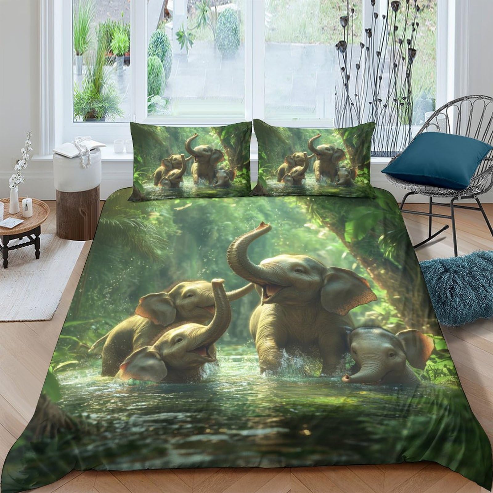Ctjqhvkz Style-1 3D Printed Forest Elephant Fitted Sheet Microfiber Soft Green Jungle Bed Cover For Bedroom Dorm Mattress Decor Single（135X200cm）