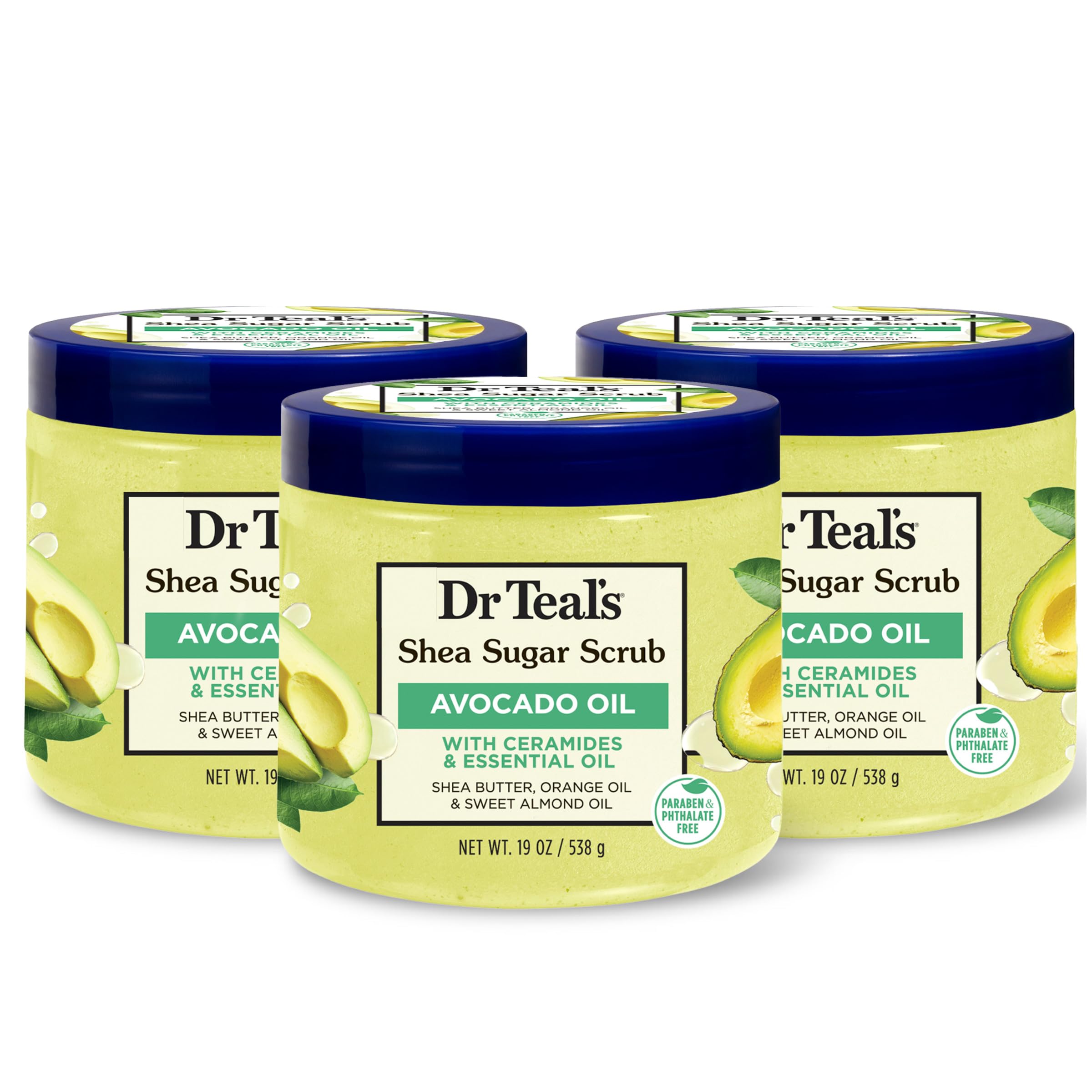 Dr Teal's Shea Sugar Scrub, with Ceramides & Avocado Essential Oil, 19 oz (Pack of 3)
