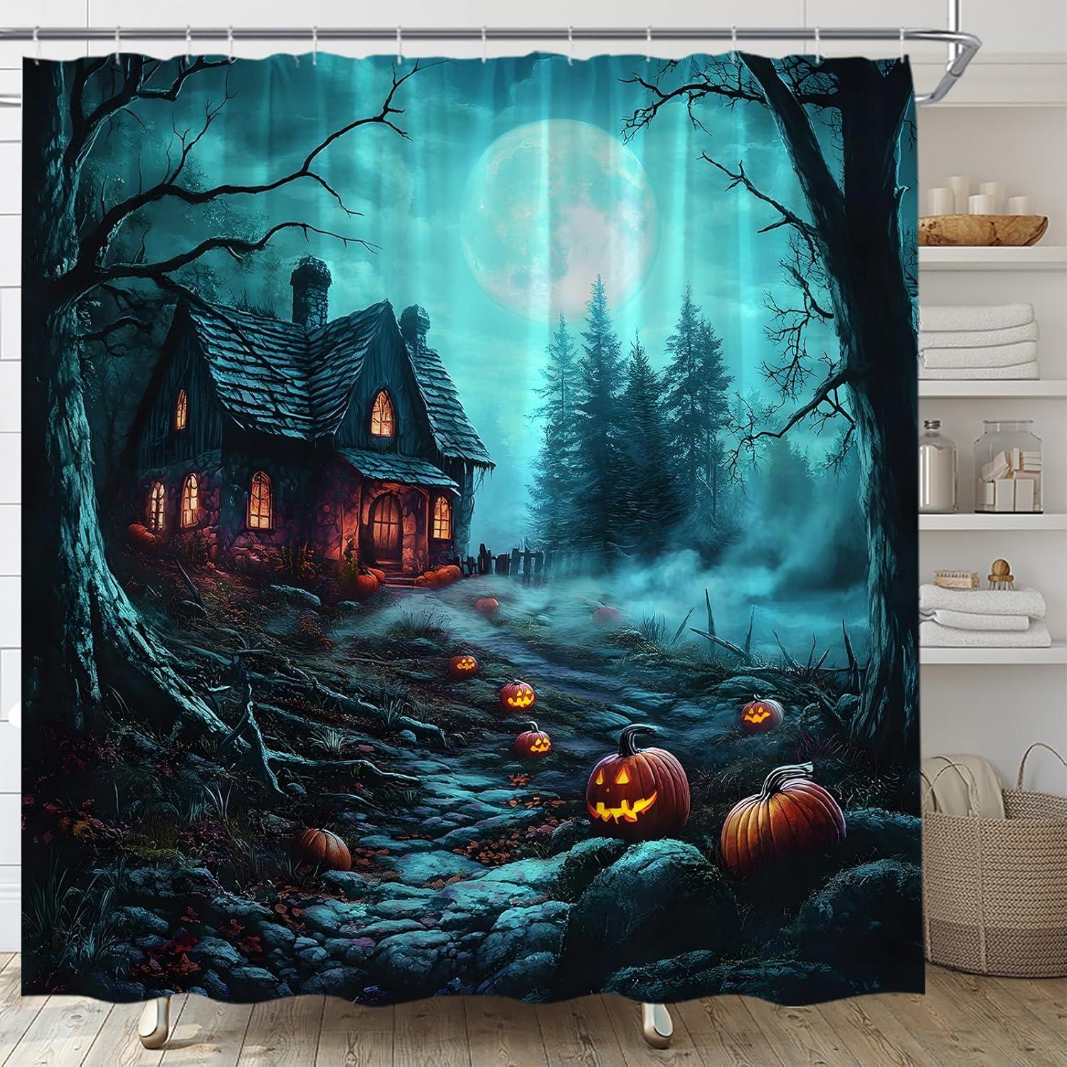 AMFD Spooky Halloween Shower Curtain Scary Night Horror Castle Full Moon Dead Tree Forest Pumpkin Gothic Holiday Ambience Bathroom Curtains Decor Fabric Set Include Hooks,(70" Wx84 H)