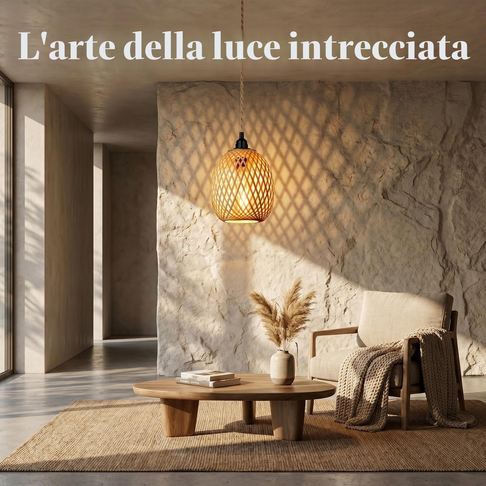 Colexy Lampadario a Sospensione in Bambù e Rattan con Cavo 4,5m e Spina, E27 Lampada Vimini Intrecciato a Mano, Luce Vintage Naturale per Camera da Letto, Cucina, Soggiorno (Senza Lampadina)