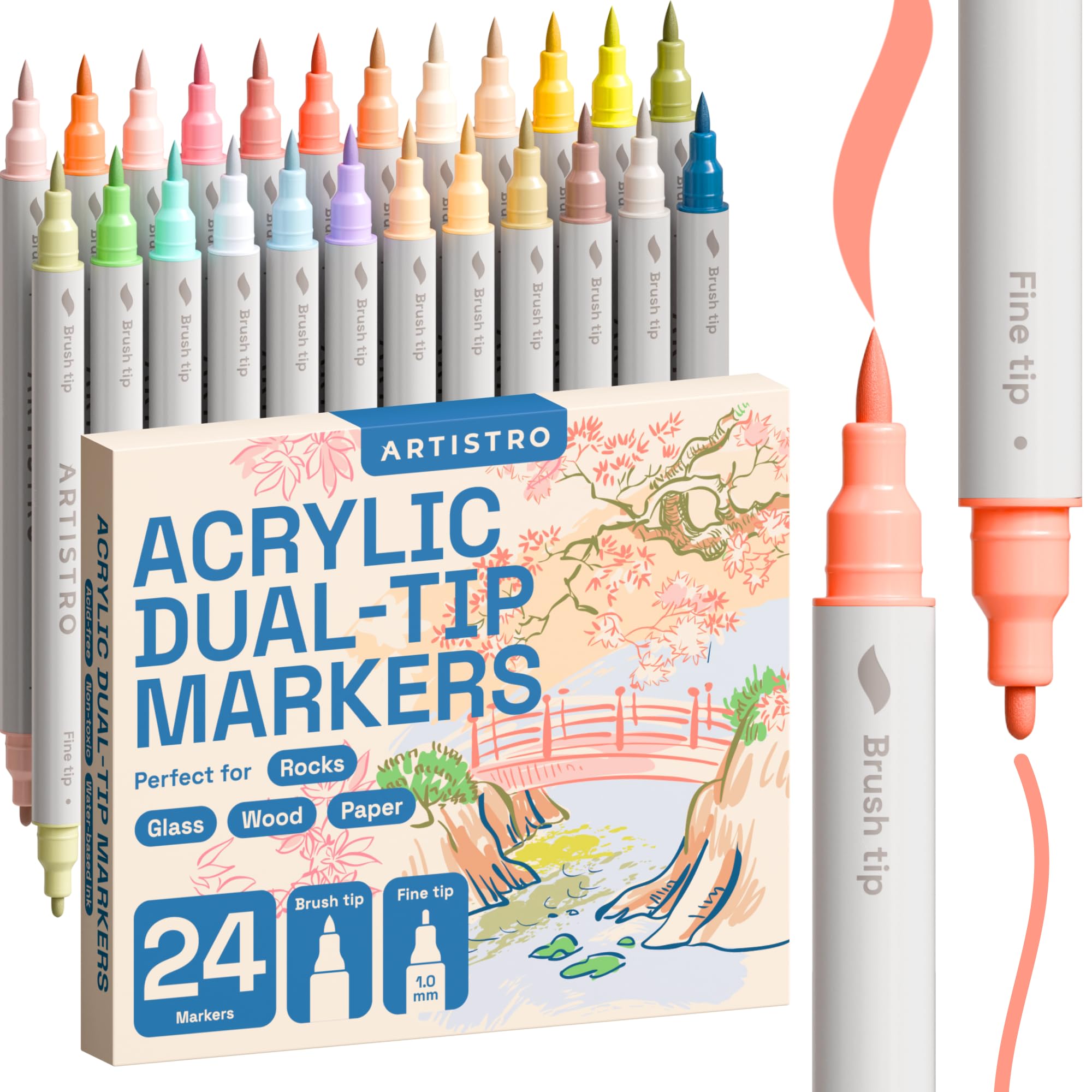 ARTISTRO 24 Pastel Dual-Tip Acrylic Paint Markers - Brush + Fine Tip Combo - Multi-Surface Paint Pens in Soft Colors