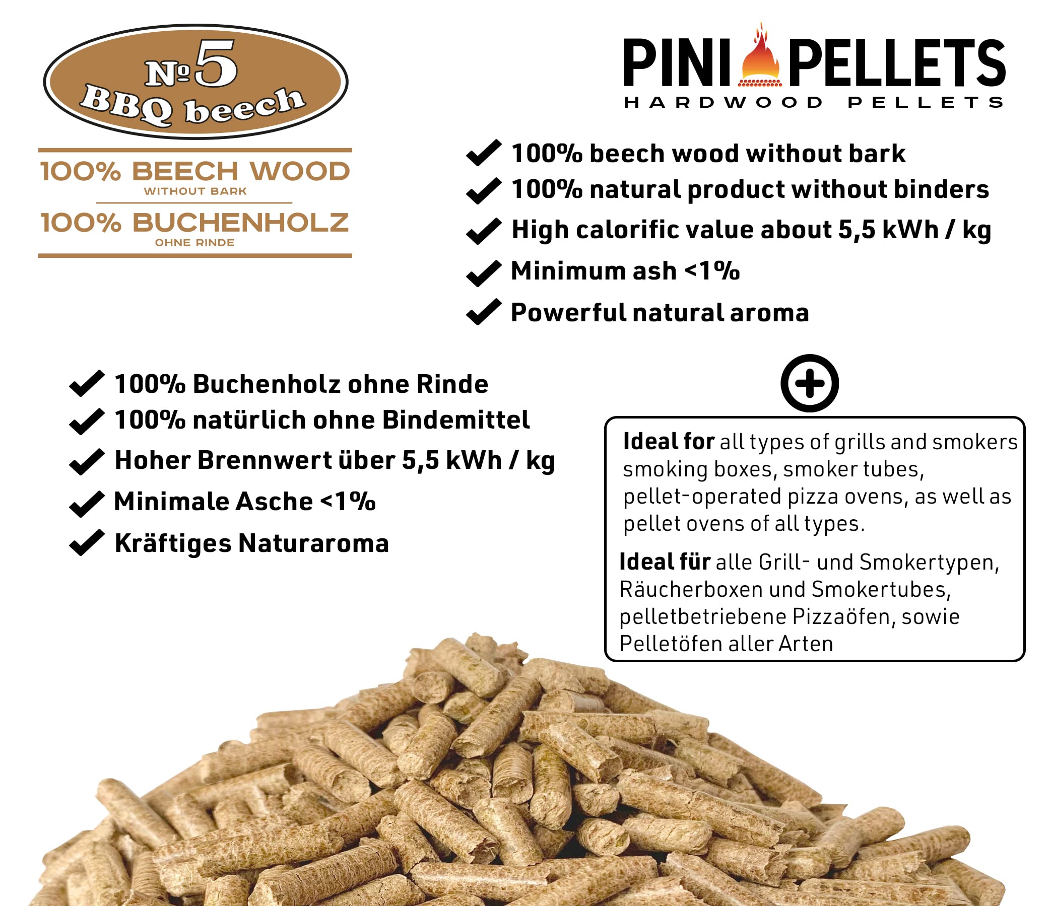PINI Hartholz Pellets Eiche 15 Kg + Buche 15 Kg für Grill, Smoker, Pizzaofen und Heizungsanlagen