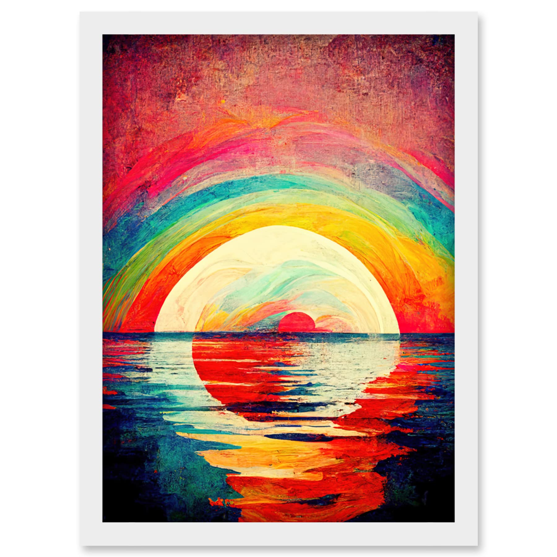 A4 Framed Wall Art Print - Rainbow Sunset At Sea - Vibrant Expressionism Artwork - Artery8