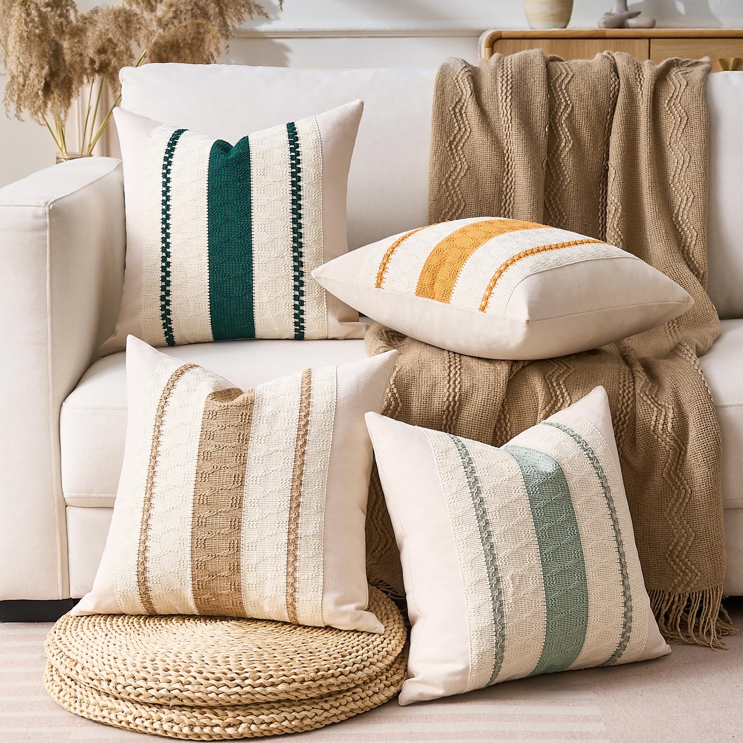 Set di 2 Boho Federe de Cuscini per Divano 40x40 Verde Salvia Moderno Fodere Cuscini Cotone e lino Macramè Cuscino Decorativo Quadrate Fodera per Cuscino per Divano Soggiorno Giardino