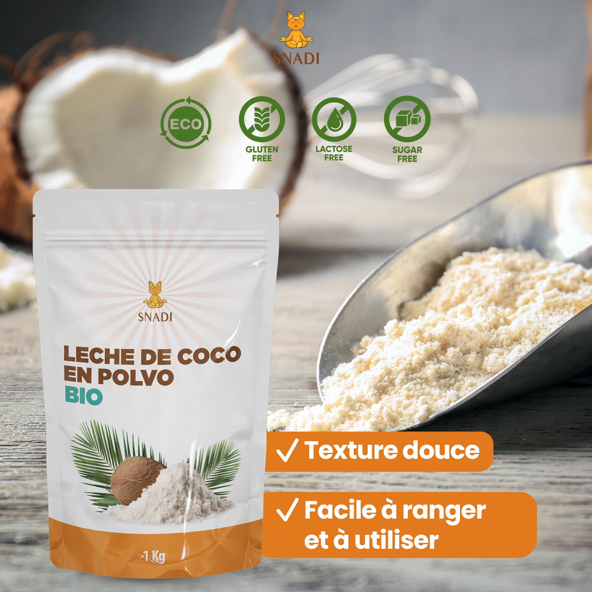 Snadi - Lait de Coco en Poudre BIO du Sri Lanka - 1KG - 100% Naturel et Biologique - Emballage en Sachet Plastique Recyclable - Sans Additifs ni Conservateurs - Idéal pour Smoothies, Currys